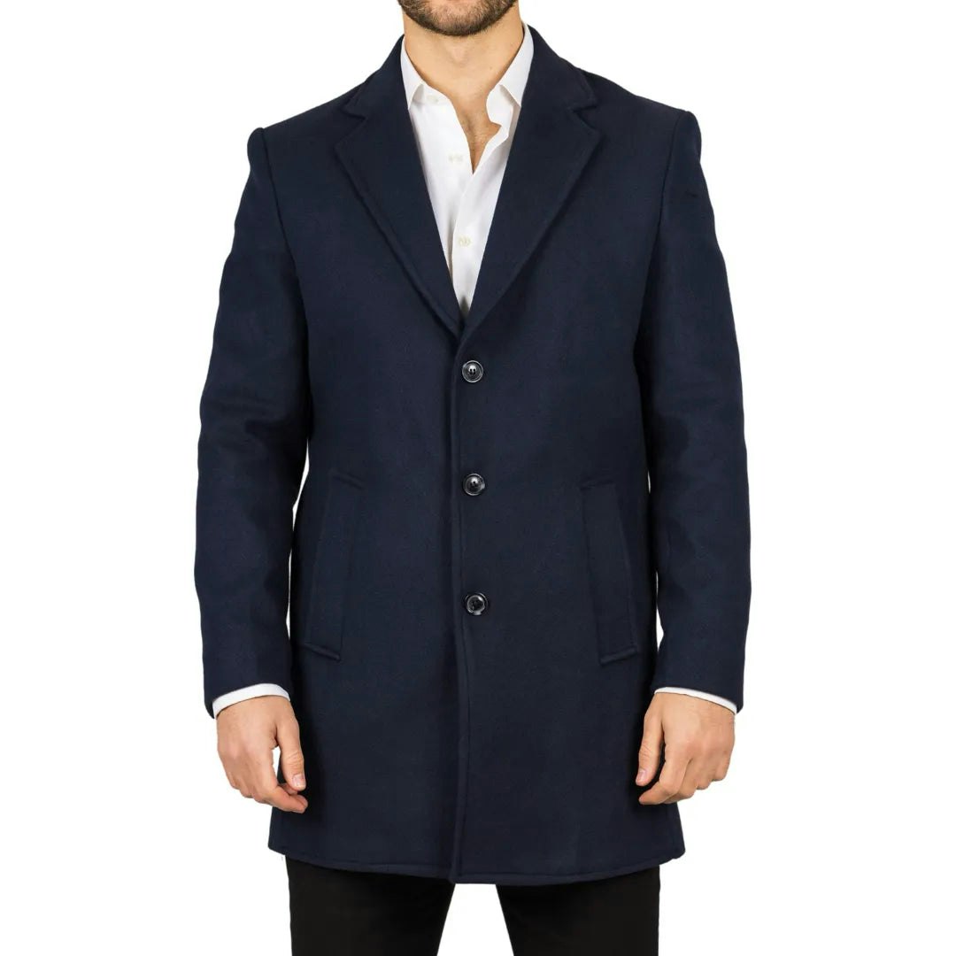 Truclothing Men's Notched Lapel Collar Wool Blend Overcoat - Navy - 3XL