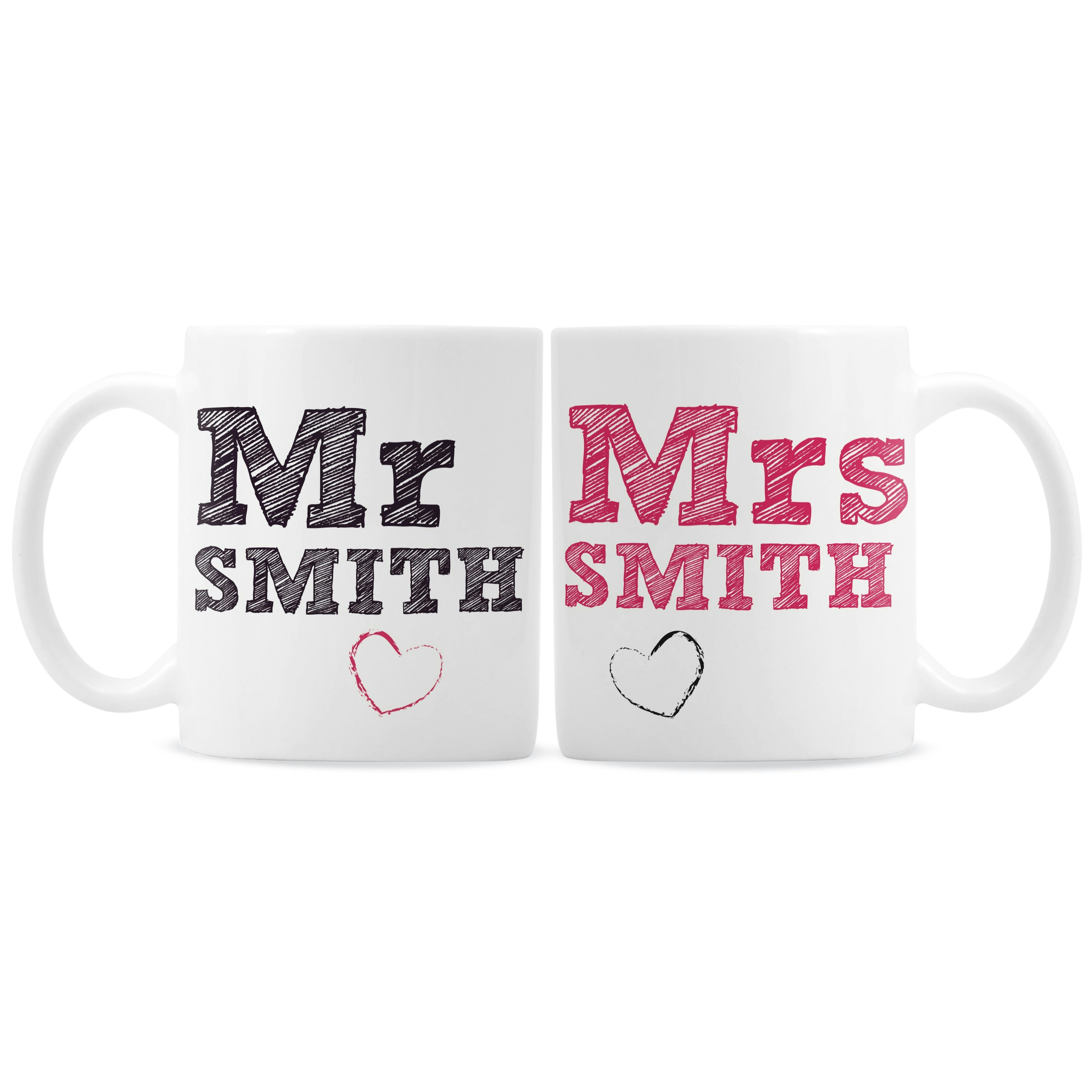 Rackhams Pink/Black Personalised Mr & Mrs Sketch Mug Set