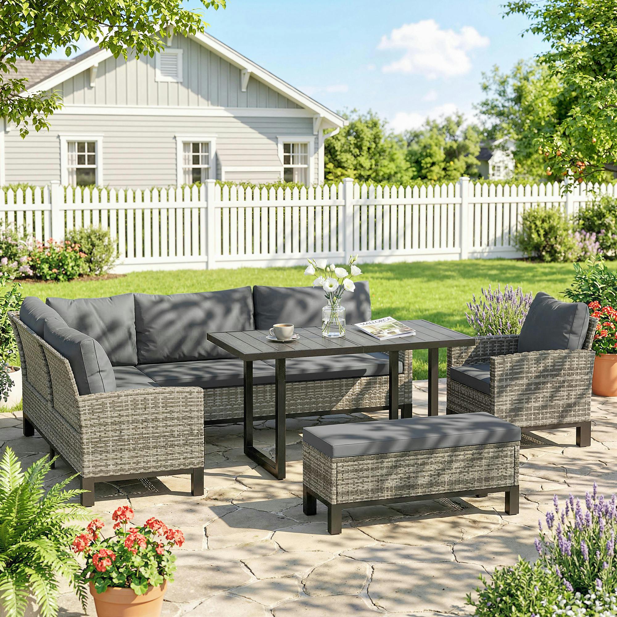 Rackhams Grey Rattan Garden Furniture Sofa Set, Outdoor Dining Set For 9, - Rattan Garden Furniture Set - 5 - Pe Rattan, Galvanised Steel, Polyester, Plastic Wood Composite