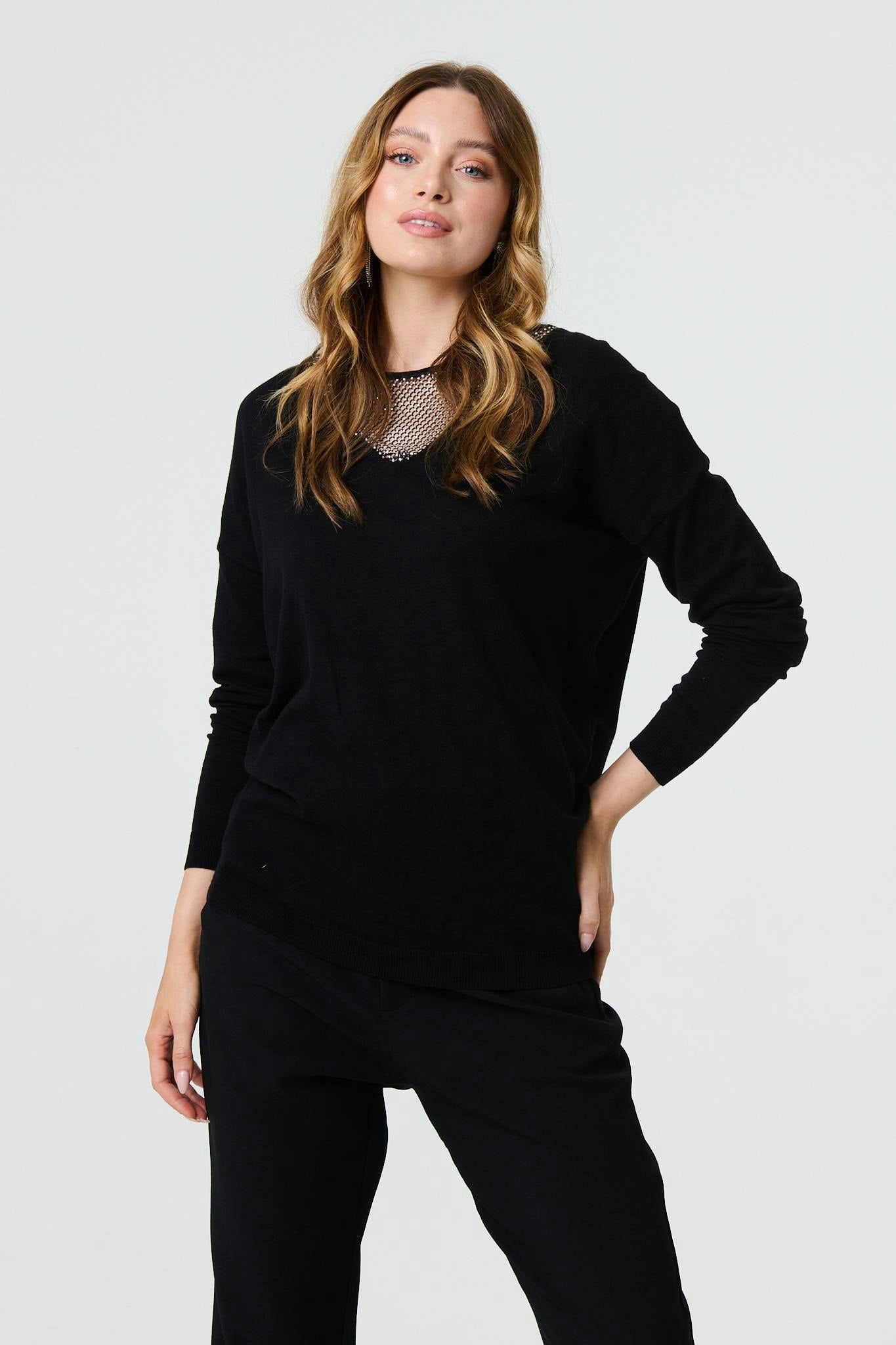 Izabel London Black Sequin Mesh V-Neck Knitted Top - 8