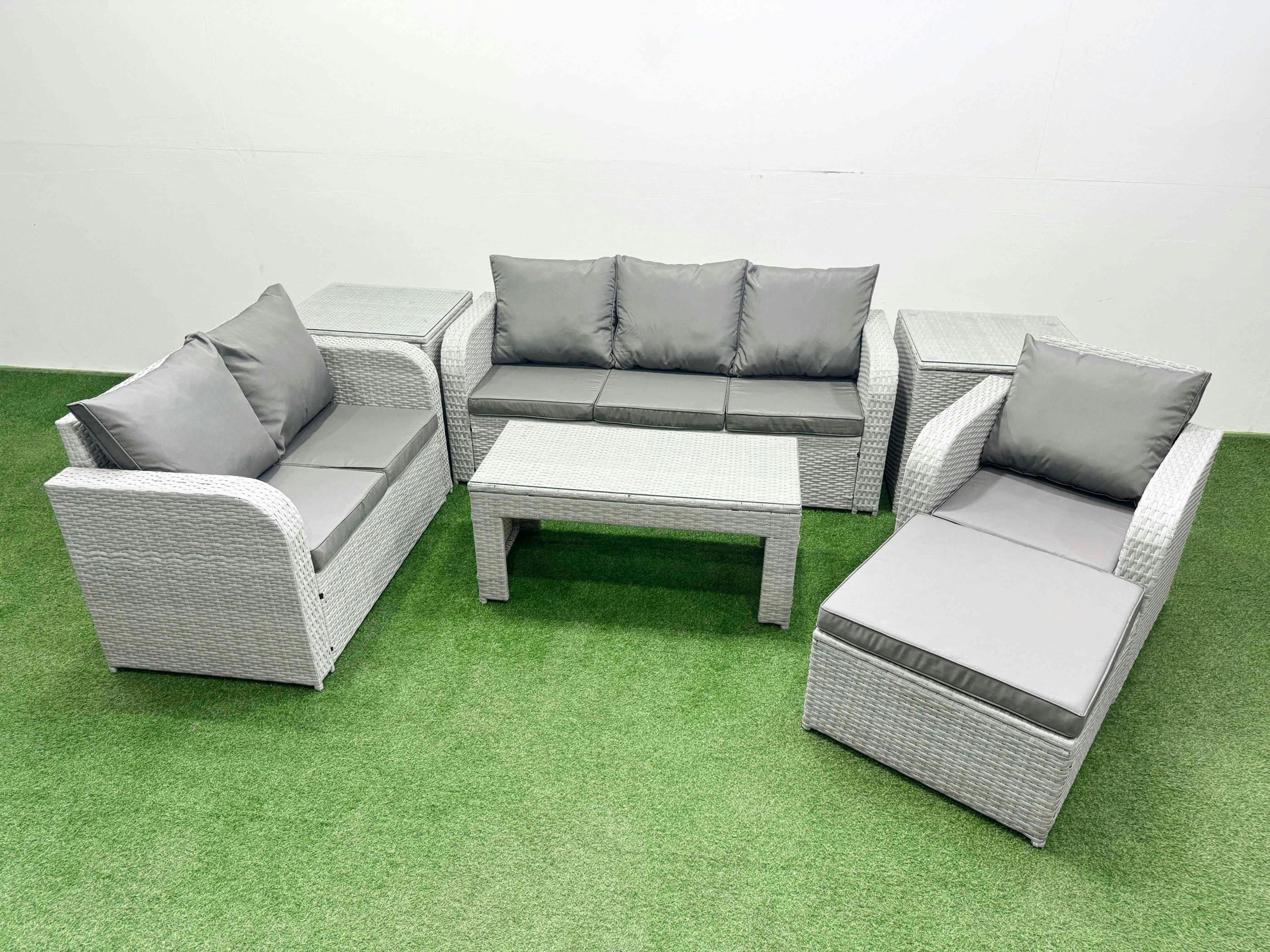 Rackhams Light/Grey 7 Seater Outdoor Furniture Set, Pe Wicker Rattan, Coffee Table, Reclining Loveseat, 3 Seater Sofa, Big Footstool And 2 Side Tables,