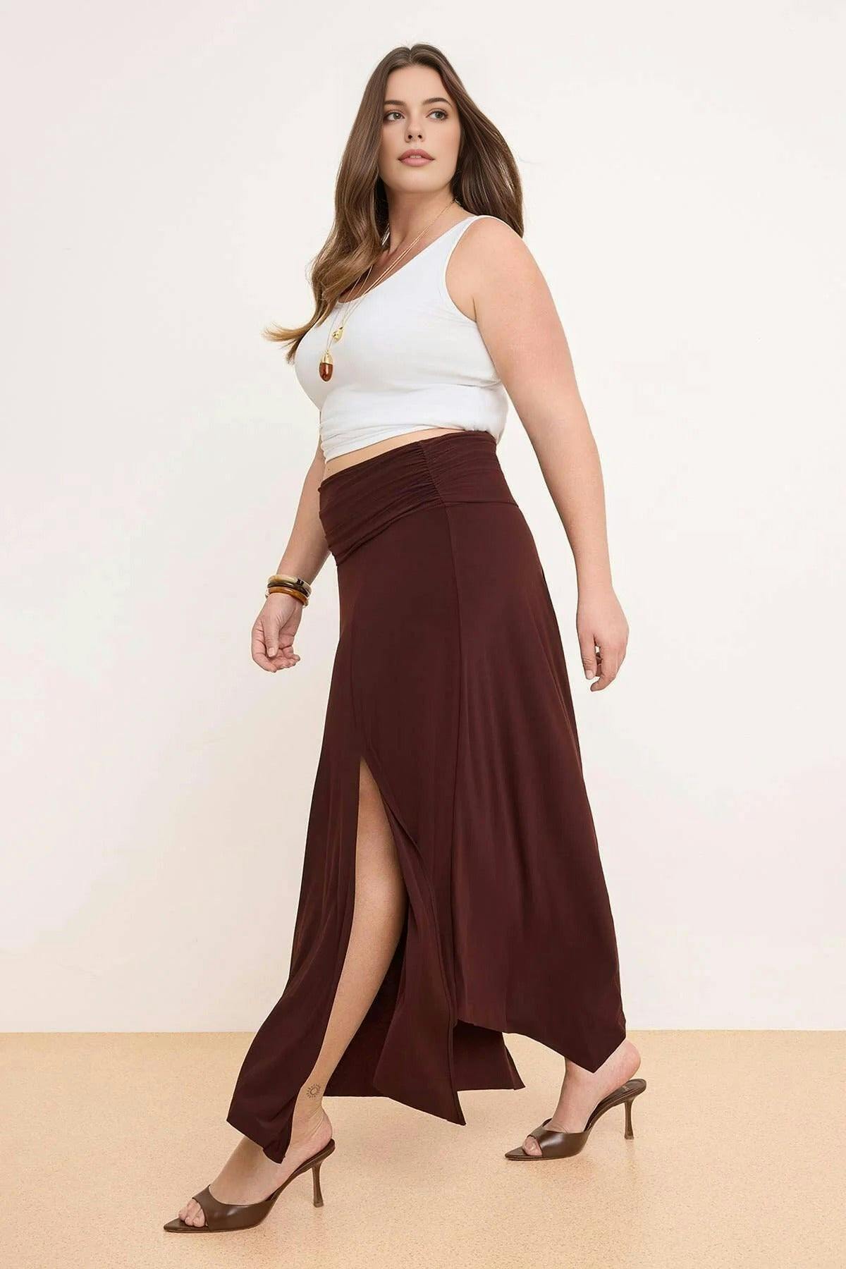 Wovcor Brown Waist Detail Slit Stretch Knit Maxi Plus Size Skirt - 3XL