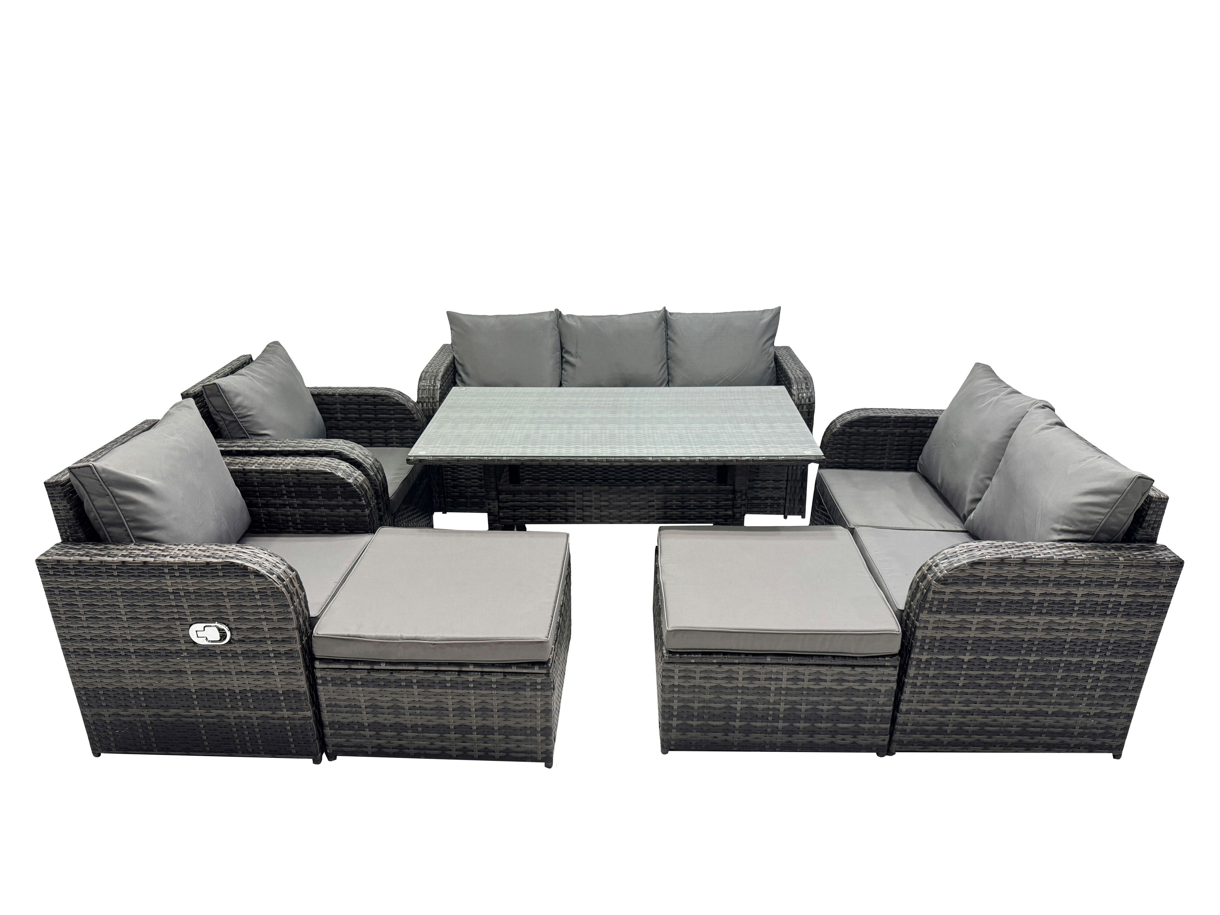 Rackhams Dark/Grey 9 Seat Outdoor Wicker Pe Rattan Garden Furniture Set Dining Table Sofa Set With 2 Big Stools Mixed
