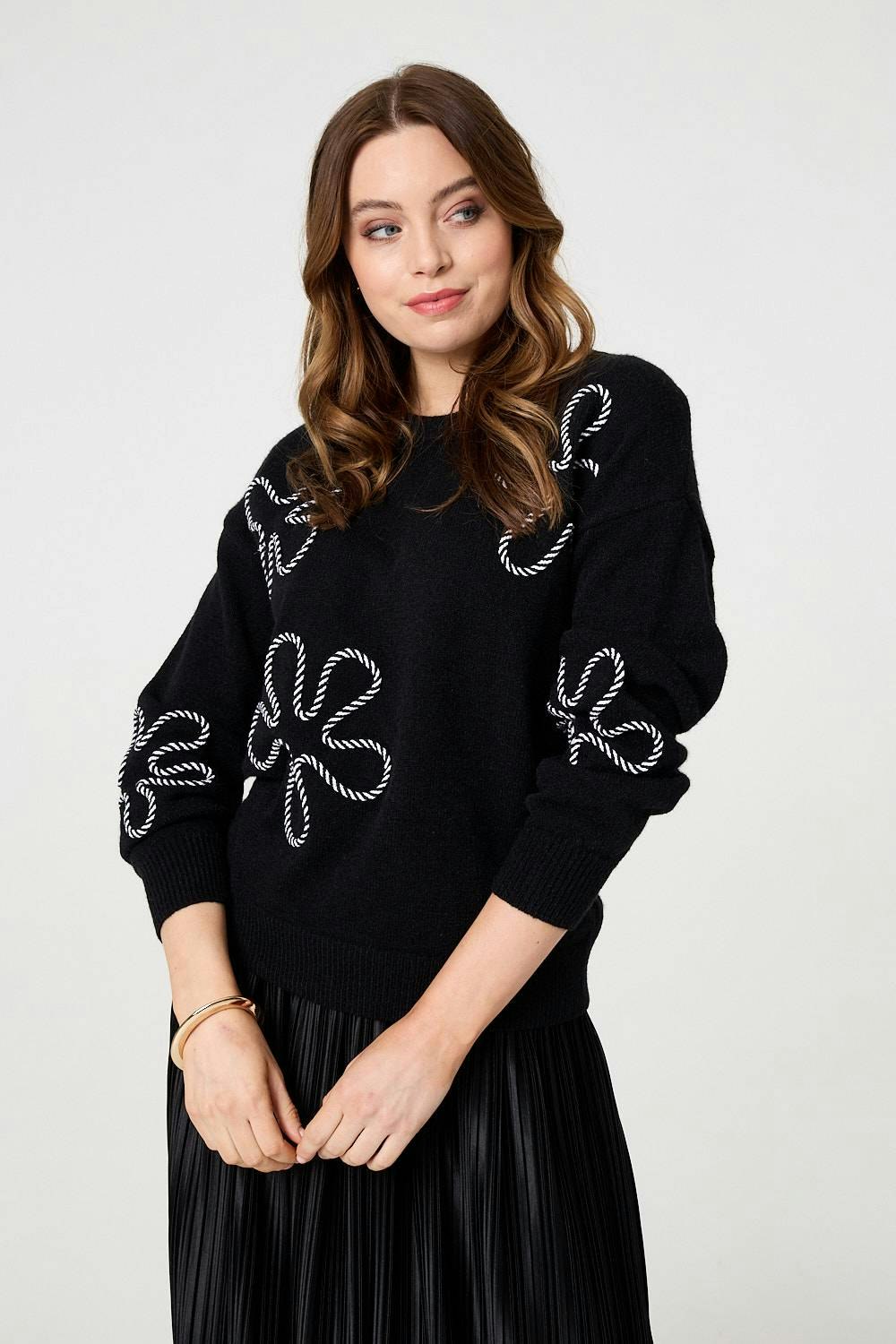 Izabel London Black Abstract Textured Long Sleeve Jumper - S