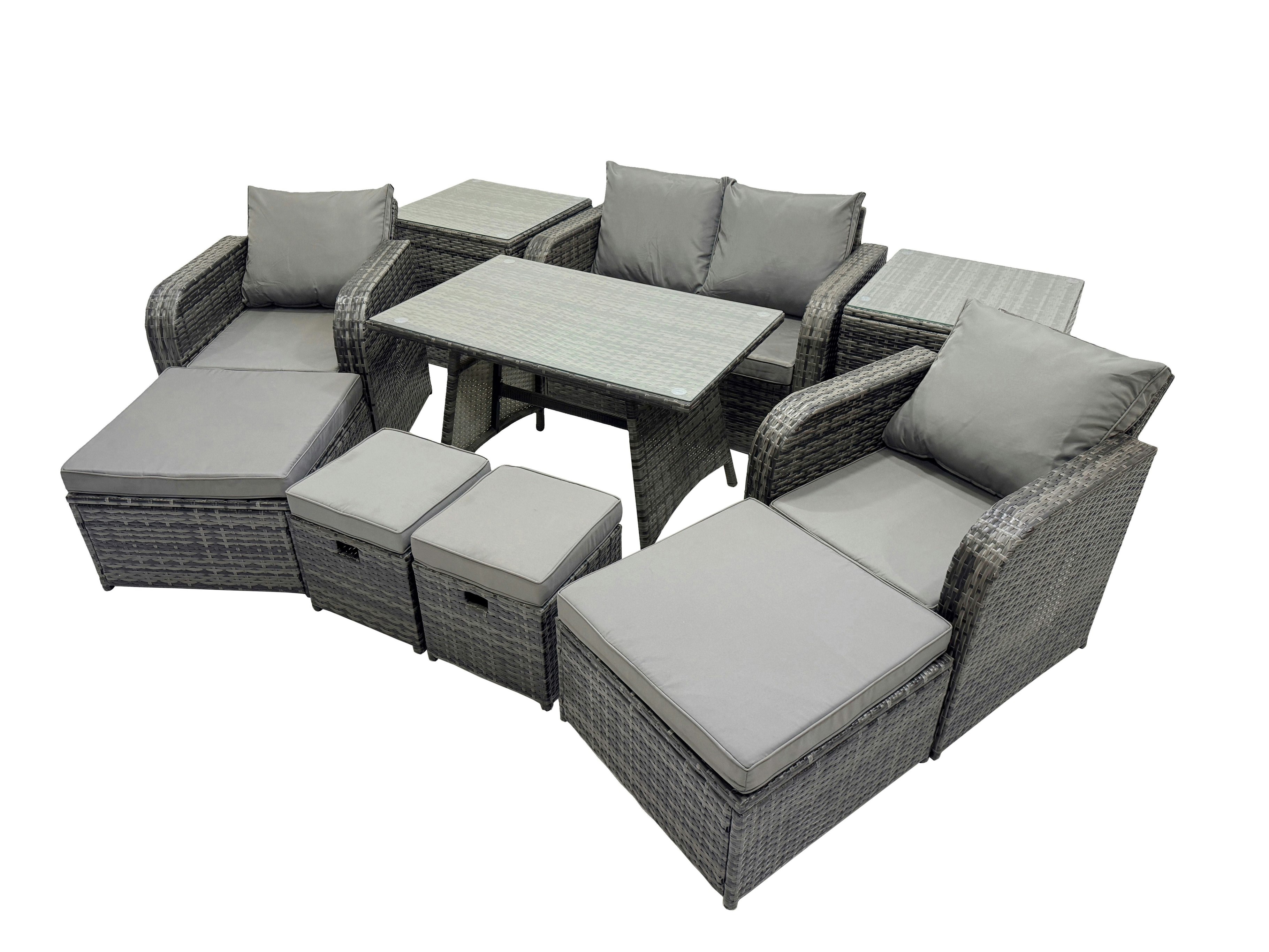 Fimous Dark/Grey 8 Seater Garden Outdoor Rattan Furniture Set Rattan Sofa Oblong Dining Table With 2 Big Stools 2 Side Table