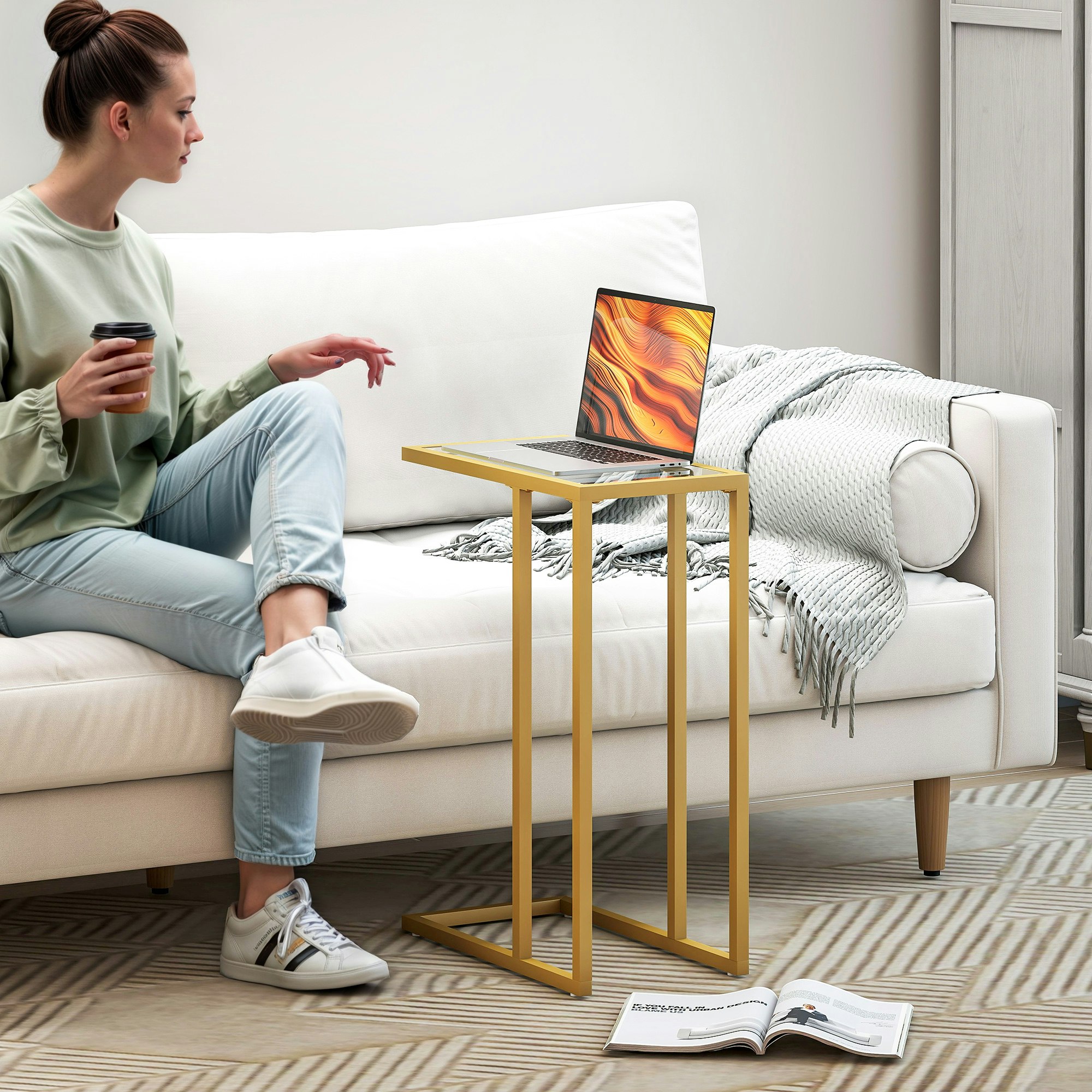 Rackhams Gold C-Shaped Side Table, End Table With Tempered Glass Tabletop, - Tone