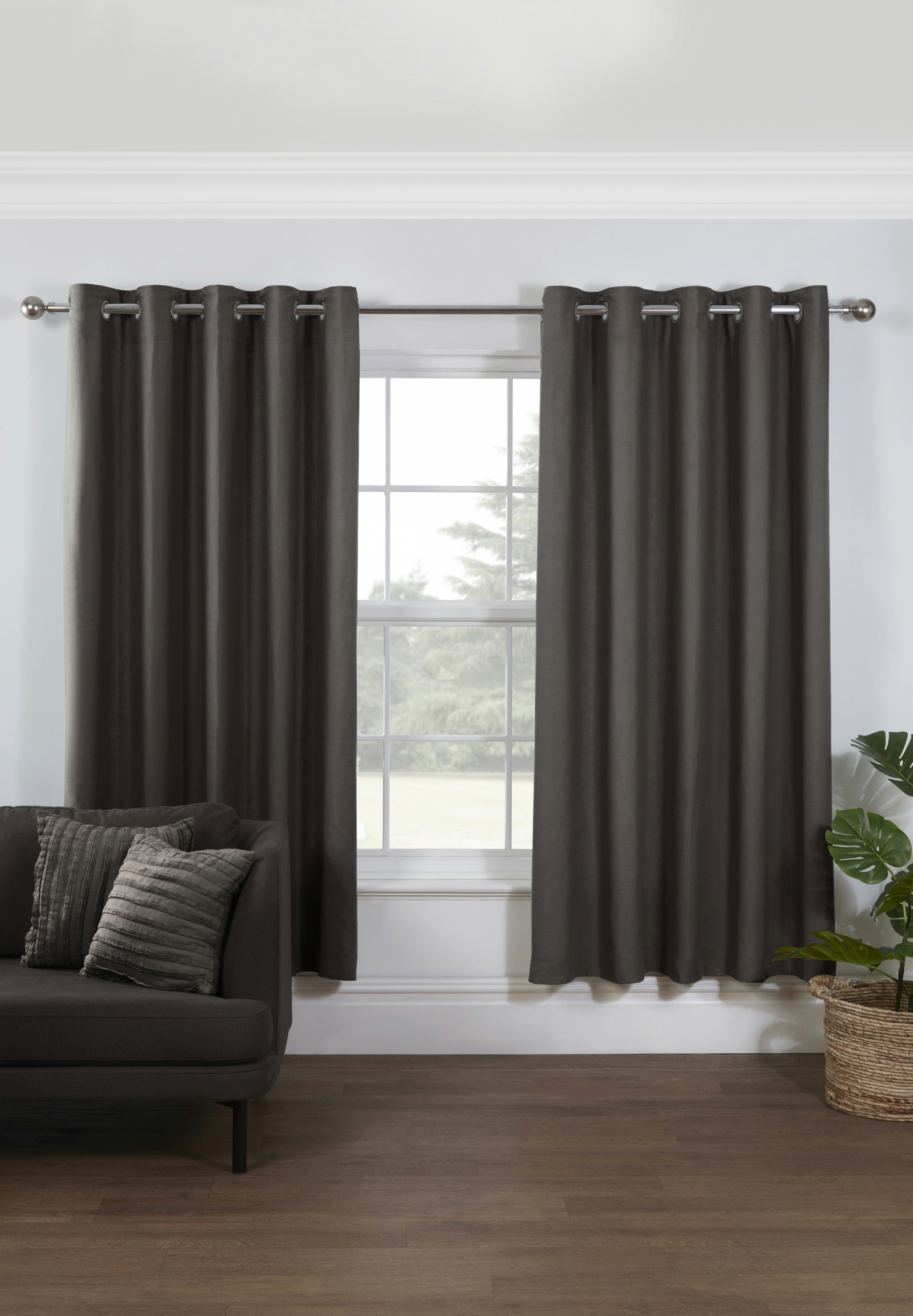 Rackhams Black Pure Washed Linen Lined Eyelet Curtains - Width 167Cm X Drop 182Cm - Charcoal