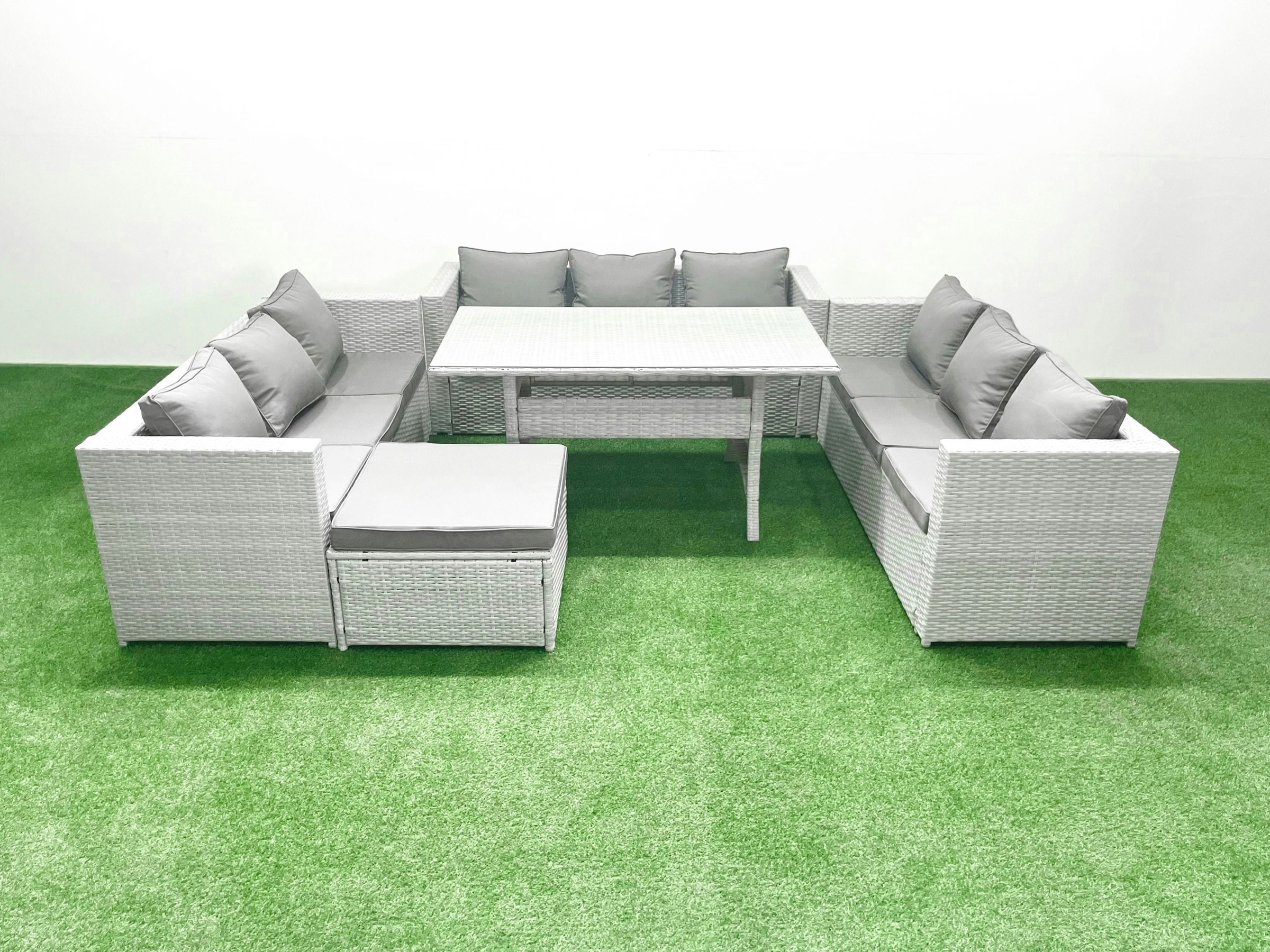 Rackhams Light/Grey Rattan Garden Outdoor Furniture Set Seater Garden Sofa Rectangulr Dining Table Set With Big Footstool Mixed Size 10