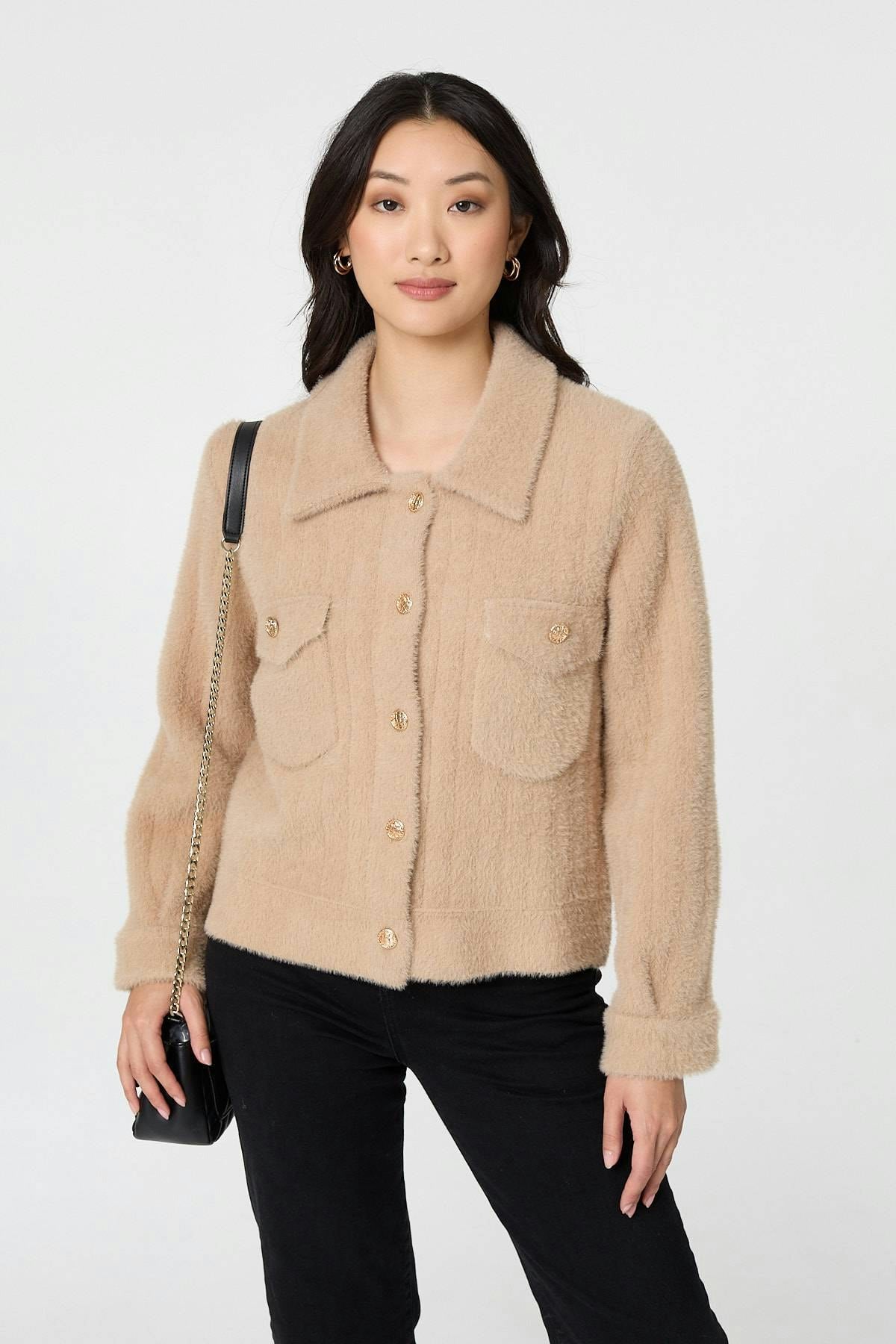 Izabel London Beige Textured Button Front Boxy Shacket - S/M