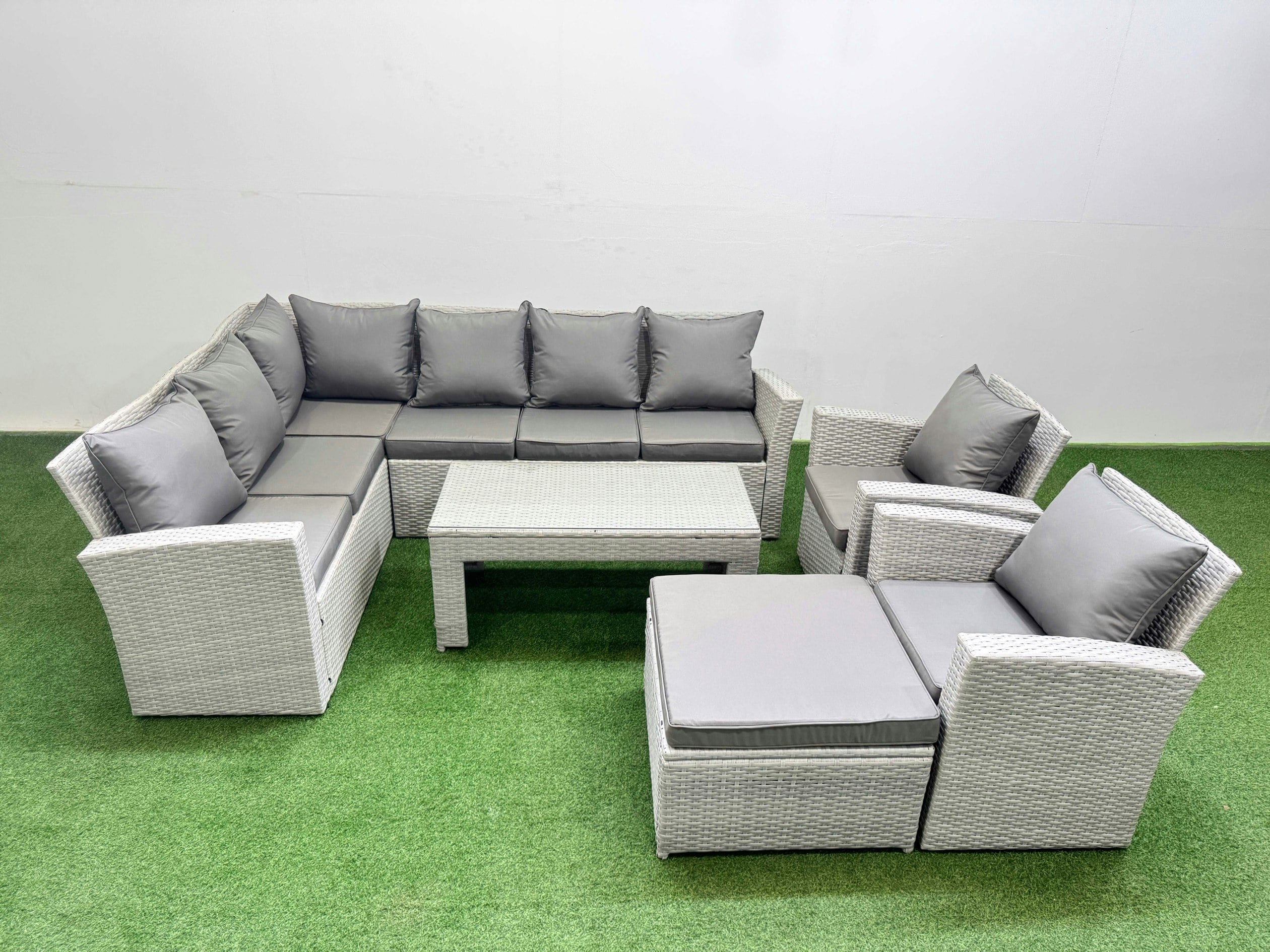 Rackhams Light/Grey Rattan Garden Furniture Set Outdoor 9 Seater Corner Sofa Sets With Oblong Coffee Table Chair Big Footstool Mixed