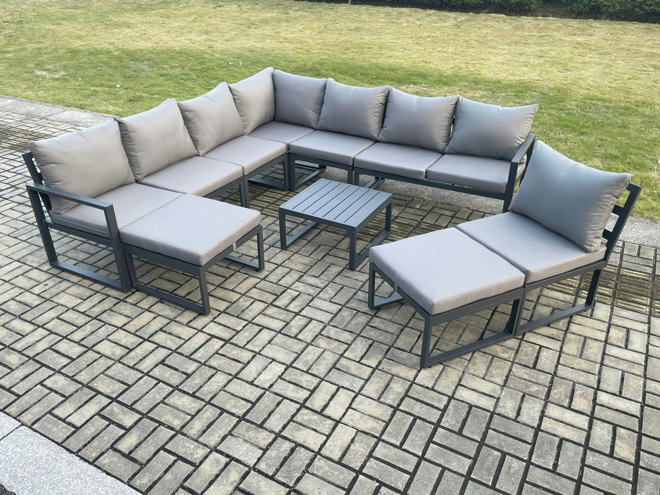 Fimous Dark/Grey 10 Seater Patio Outdoor Garden Furniture Aluminium Lounge Corner Sofa Set With Square Coffee Table 2 Big Footstools