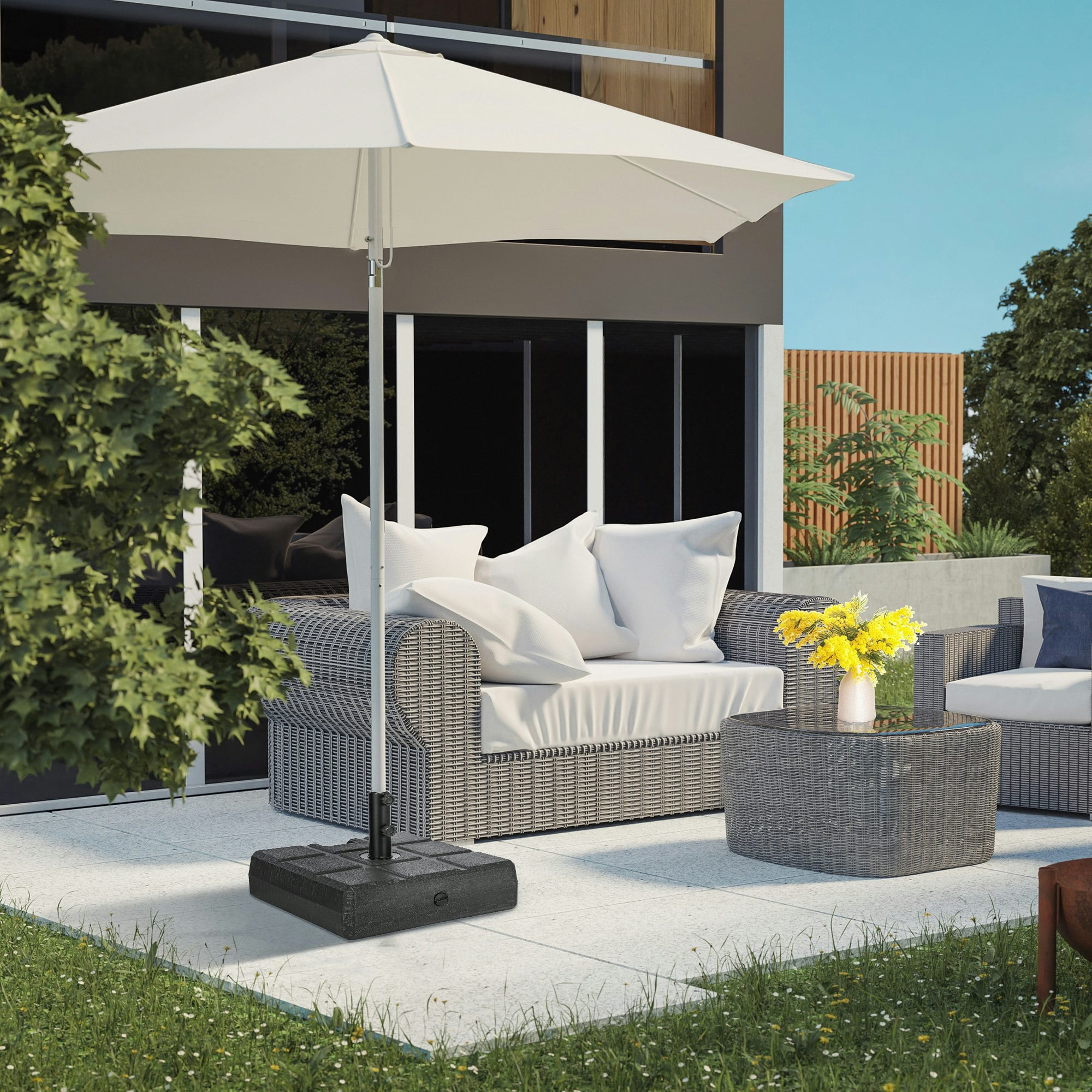 Rackhams Black Square Umbrella Parasol Base With Wood Effect, Plastic Parasol Stand,