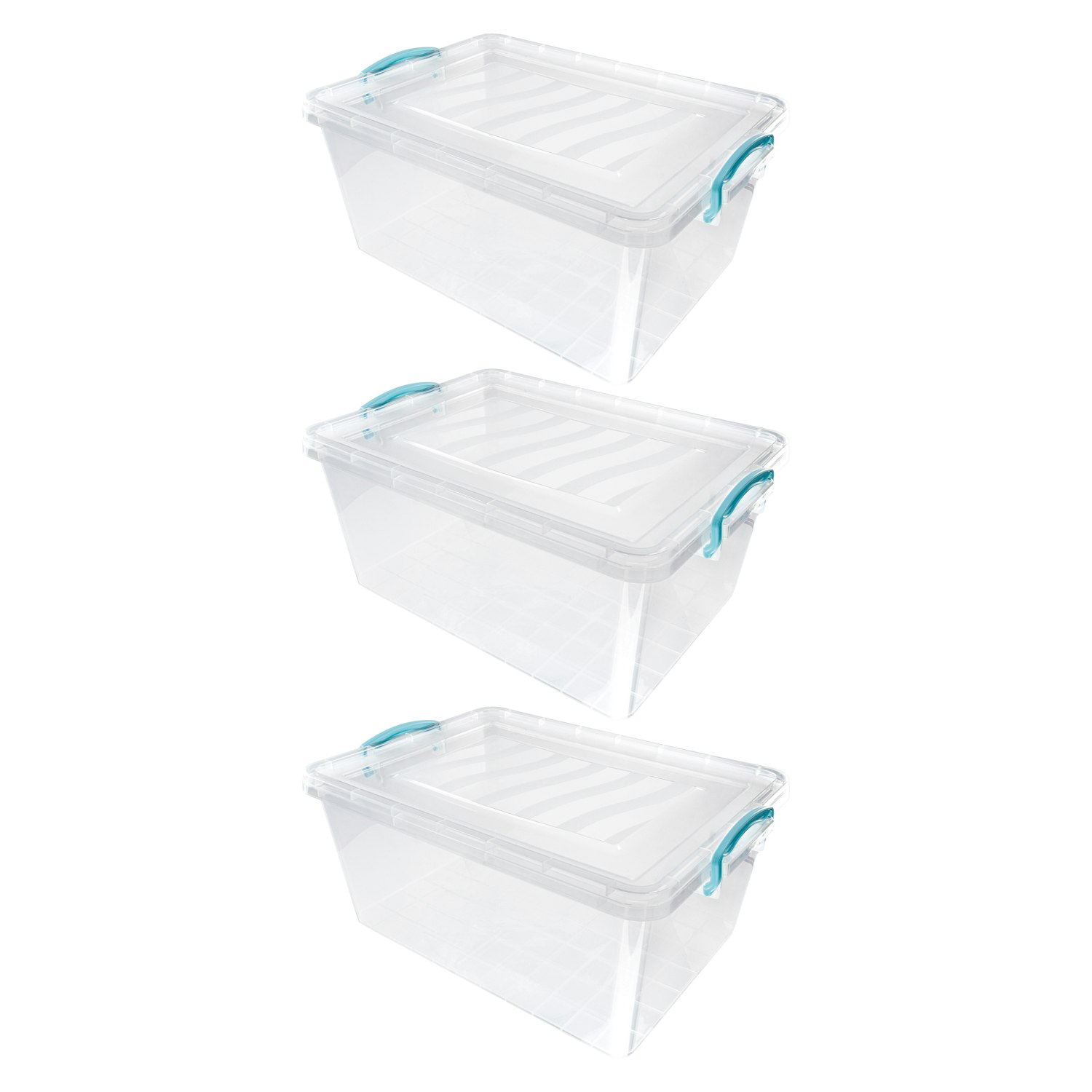 Rackhams Plastic Clip Lidded Storage Box, Stackable & Nestable, Clear, Set Of 3, 25L - 1