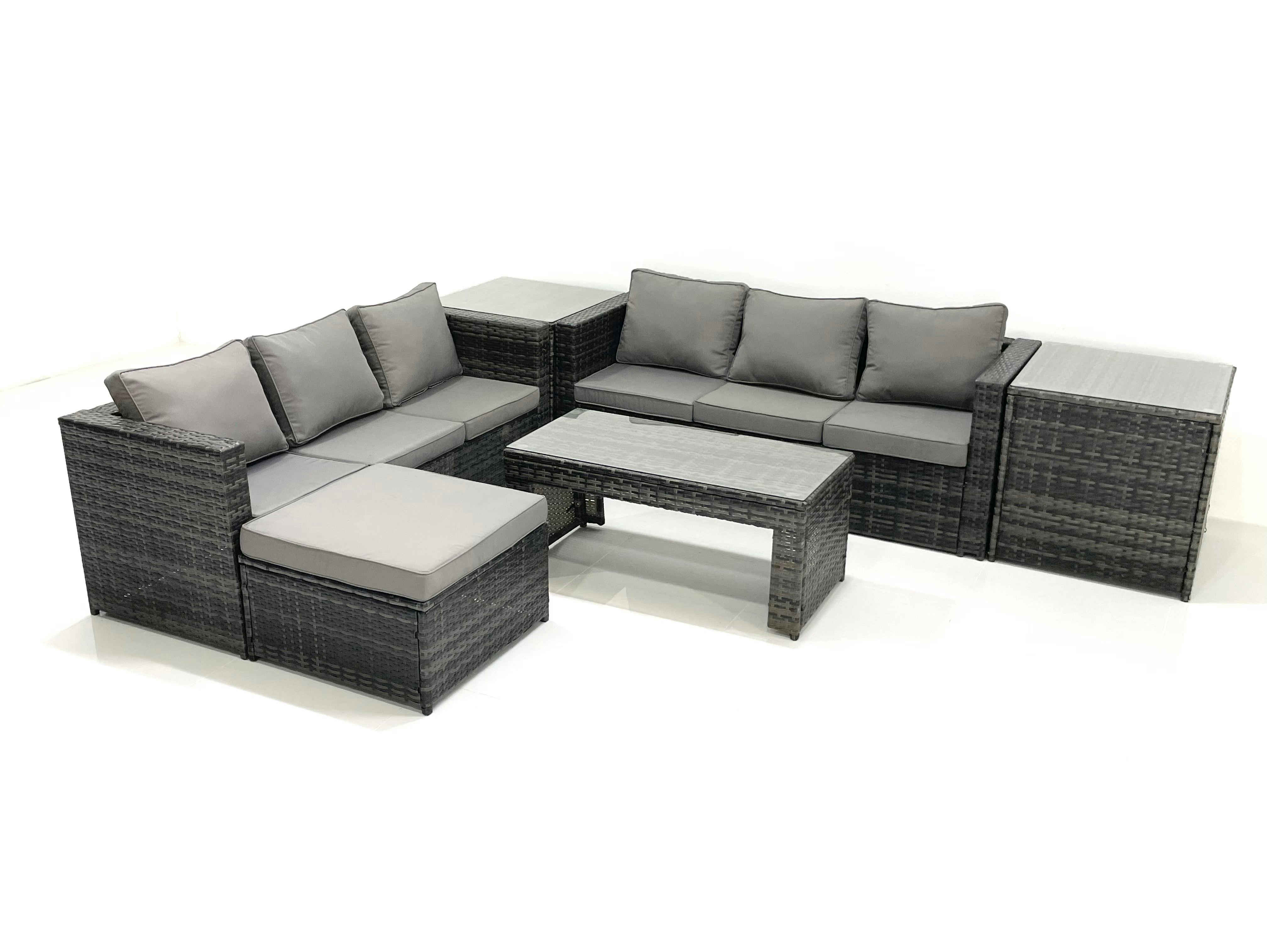 Fimous Dark/Grey Garden Outdoor Rattan Furniture Set With Sofa Coffee Table Big Footstool 2 Side Tables Mixed