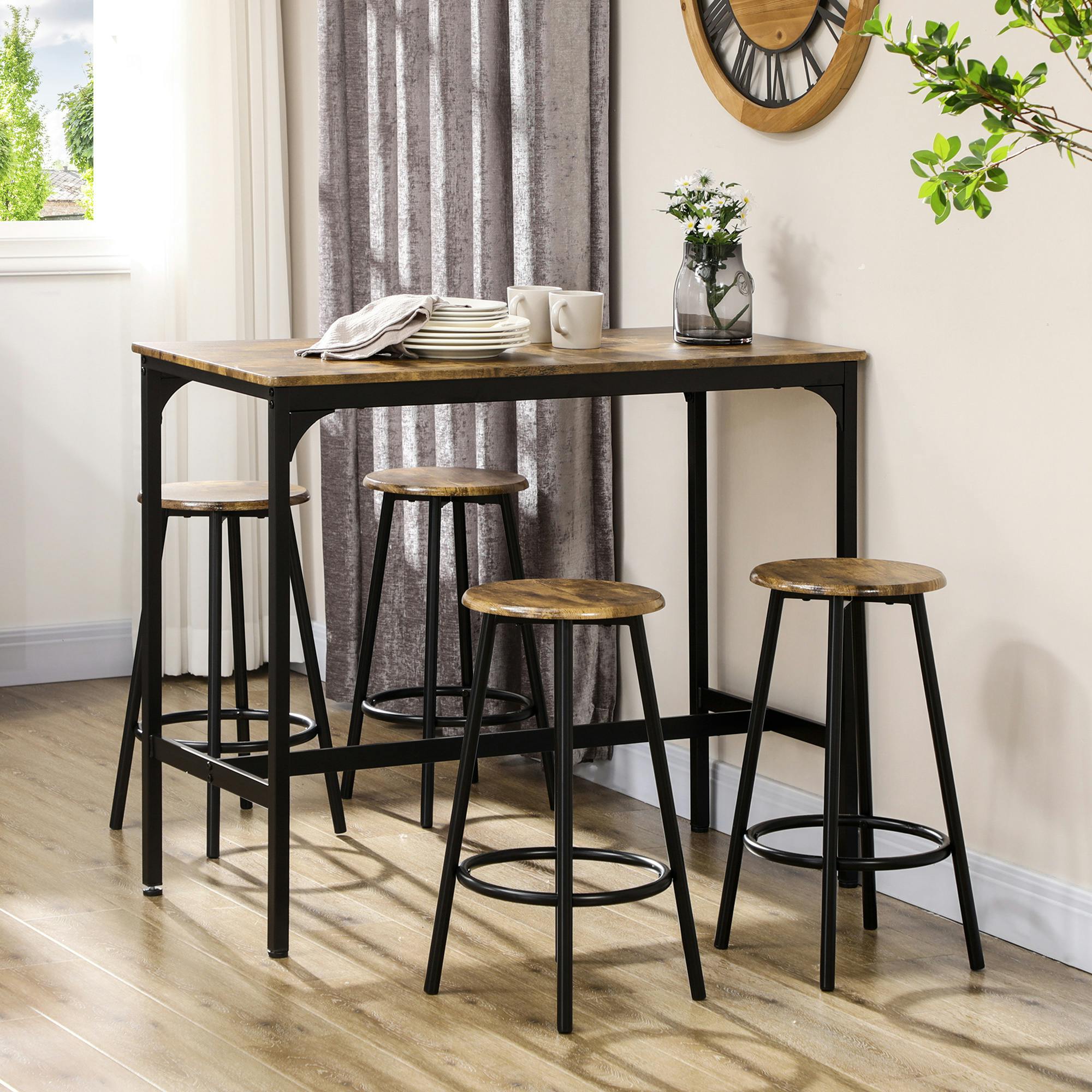 HOMCOM 5 Piece Bar Table and Stools Set - Rustic Brown, Metal Frame, MDF Tops - 110L x 50W cm - Image 3