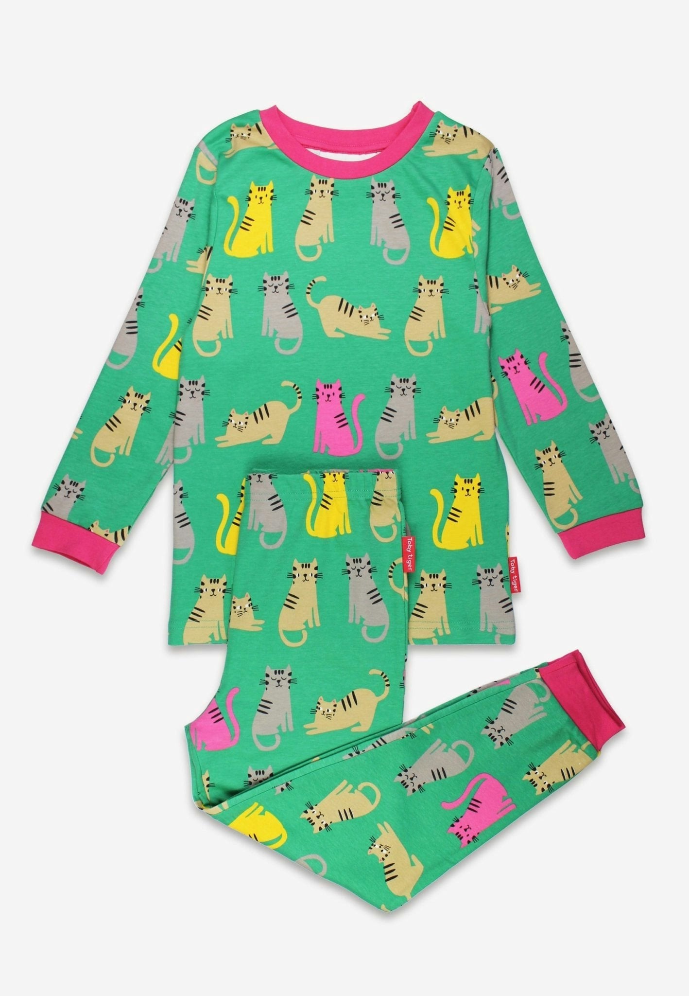 Toby Tiger Green/Grey/Yellow Organic Kitten Print Pyjamas - 3-4Y / 104Cm