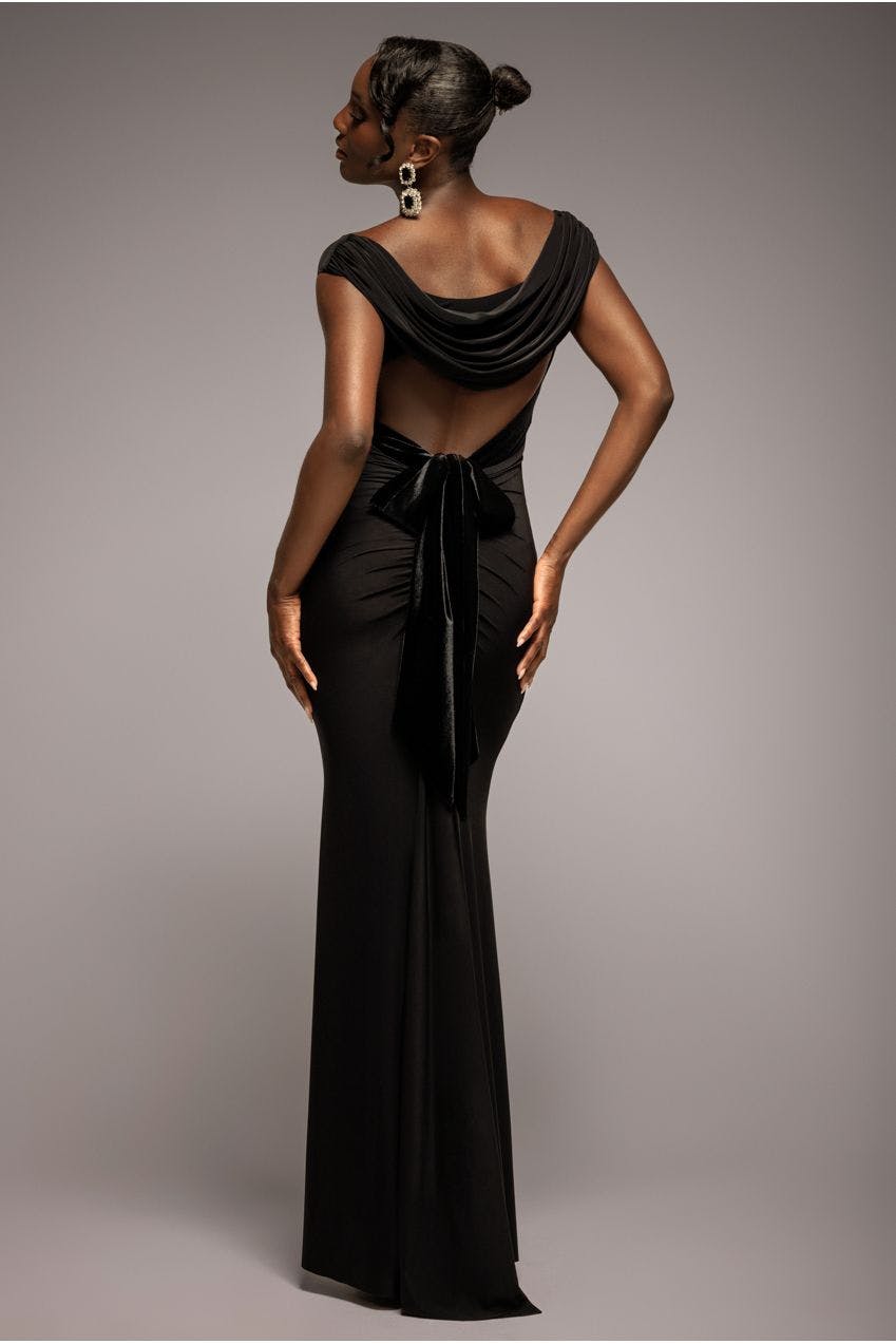 Goddiva Black Open Back Cowl Neck Gathered Maxi Dress With Velvet Tie Back - By - 16