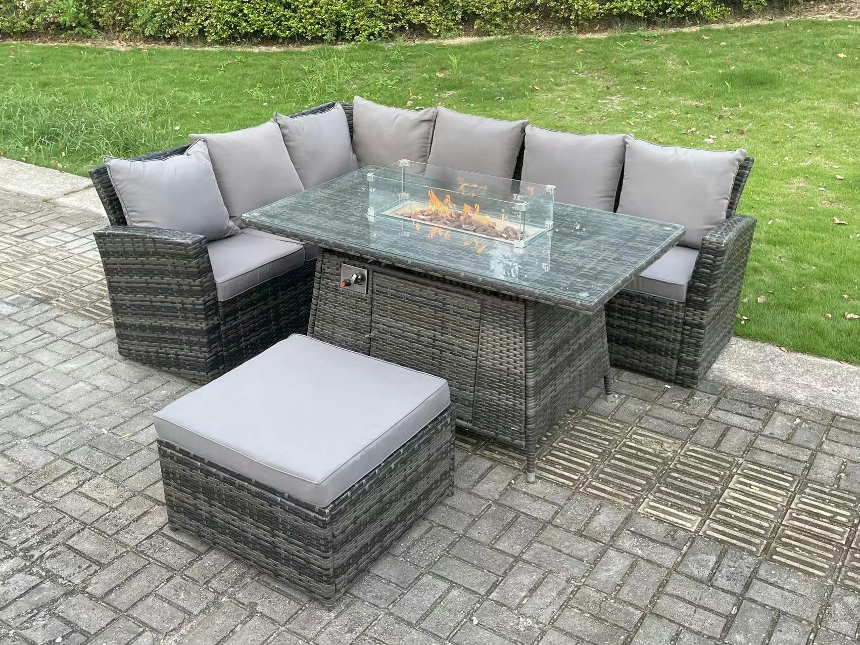 Fimous Dark/Grey 7 Seater?Outdoor High Back Rattan Gas Fire Pit Corner Sofa Dining Set Garden Furniture Heater Dining Table Mixed Left Side