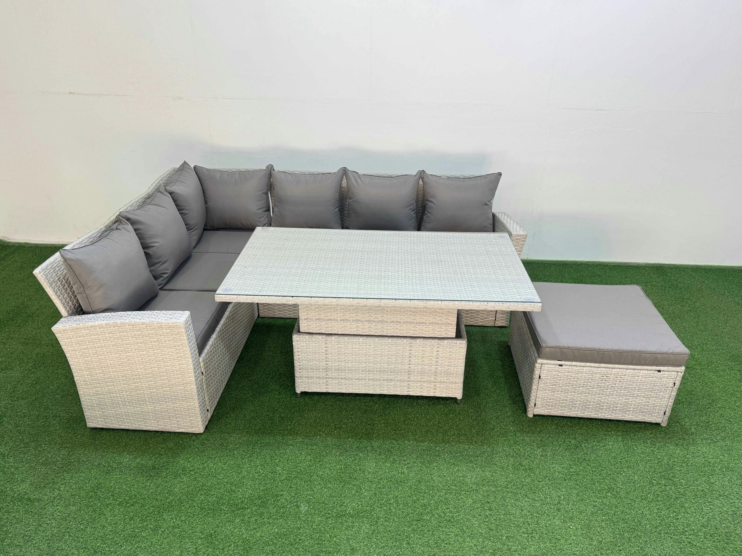 Fimous Light/Grey 7 Seat Rattan Outdoor Garden Furniture Corner Sofa Set Adjustable Lifting Dining Or Coffee Table Set With Armchair Big Footstool