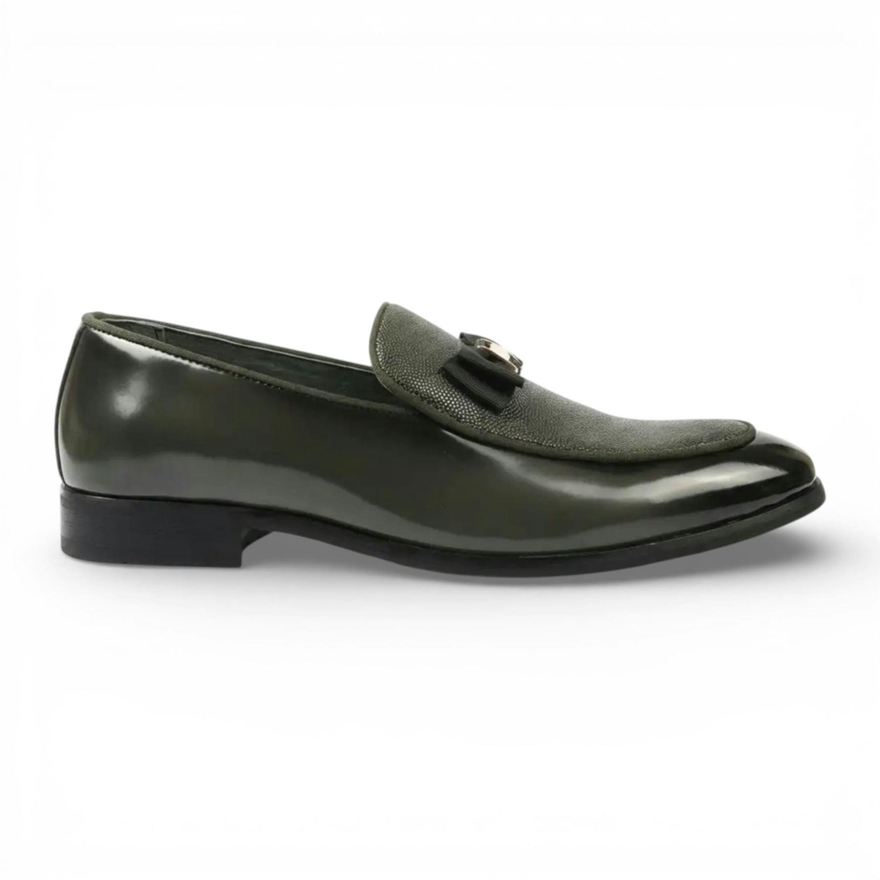 Dolcetto Men's Green Olive Textured Front Iconic Buckle Bow Loafers Shoes - Olive - Uk 10 | Eu 44 | Us 11