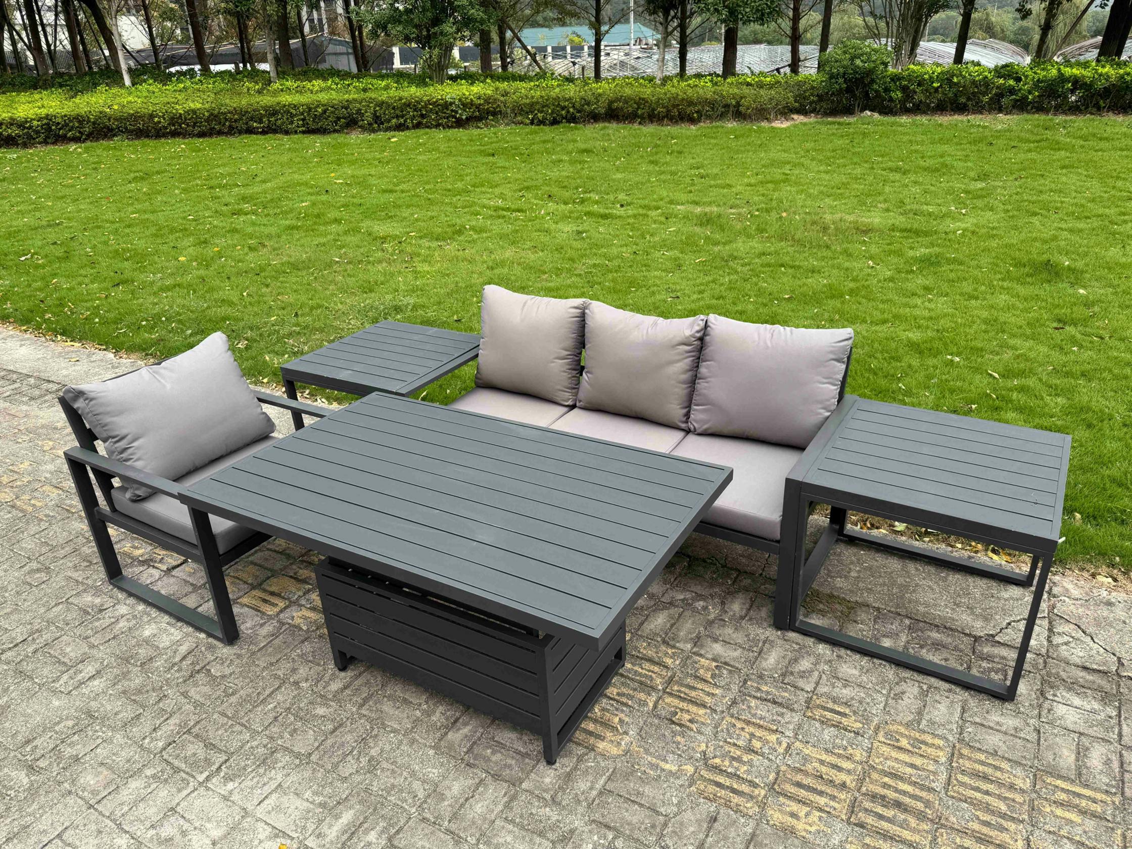 Rackhams Dark/Grey 4 Seater Aluminium Garden Furniture Set With Adjustable Rising Dining Table, 3 Seater Sofa, Chair & 2 Side Tables