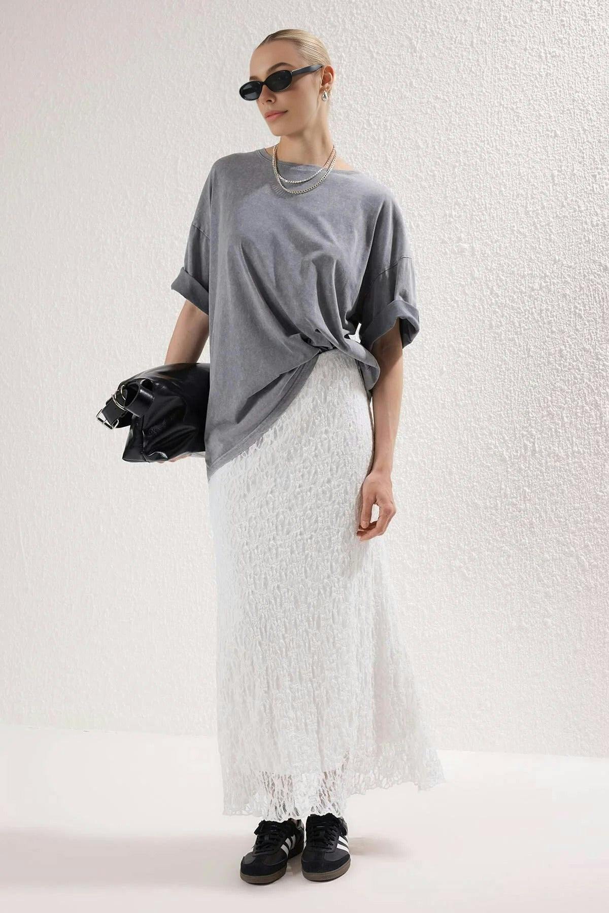 Wovcor Black Skater Lace Midi Stretch Knit Skirt - Xs