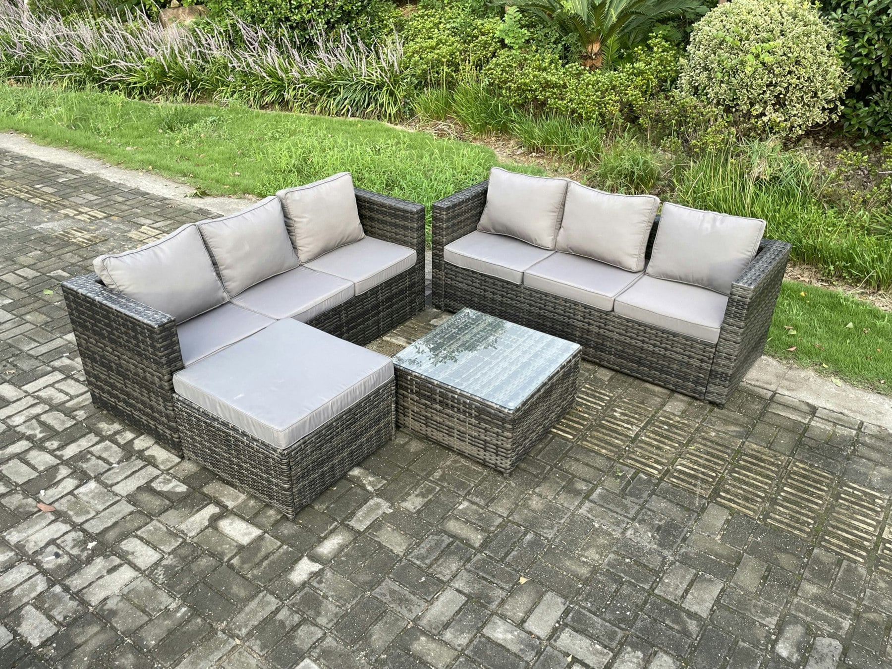 Fimous Dark/Grey Wicker Rattan Garden Furniture Sofa Set With Square Coffee Table Big Footstool 7 Seater Outdoor Rattan Set Mixed