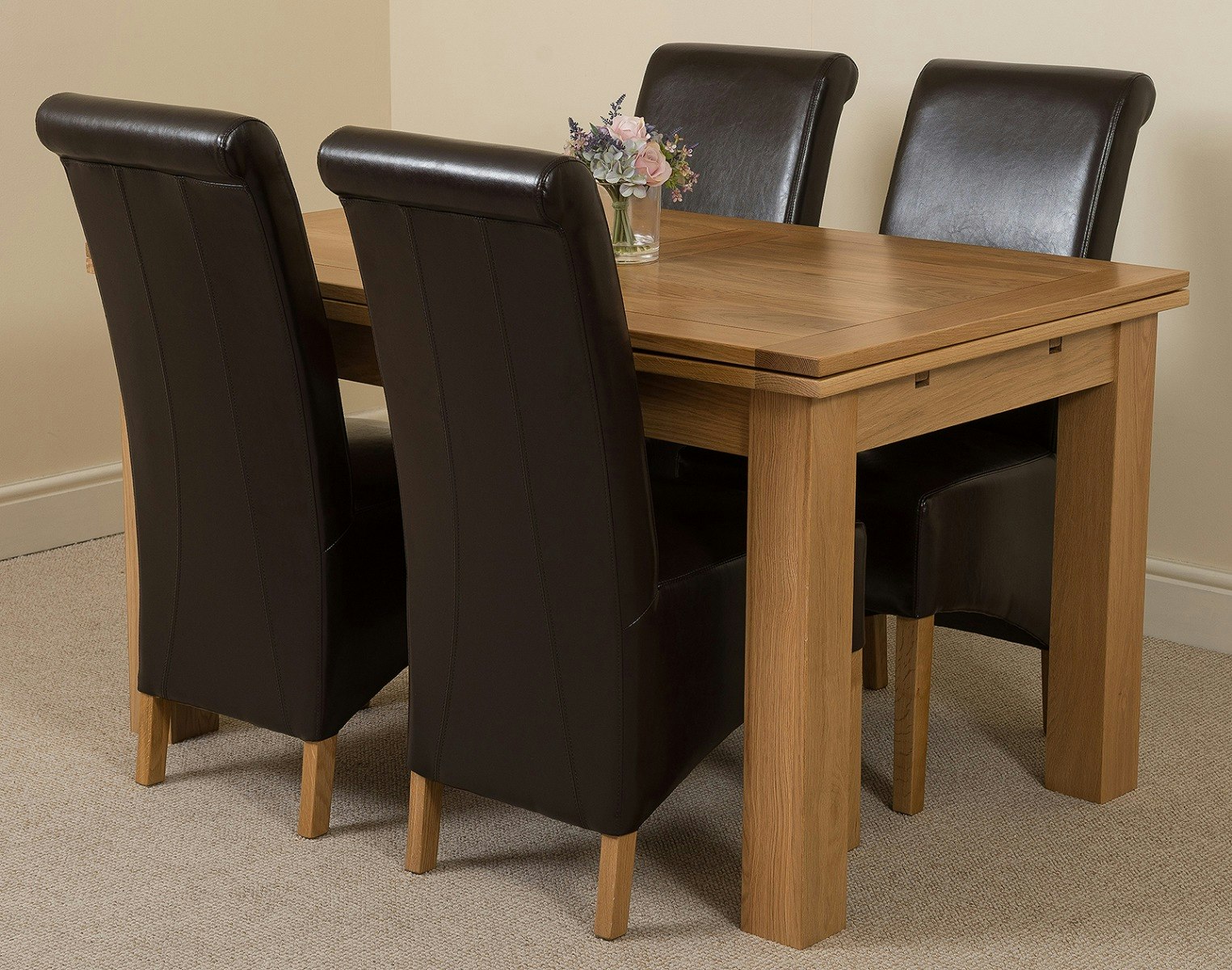Rackhams Brown Richmond Oak Extendable Dining Table With Montana Leather Chairs - 4 Chairs Medium