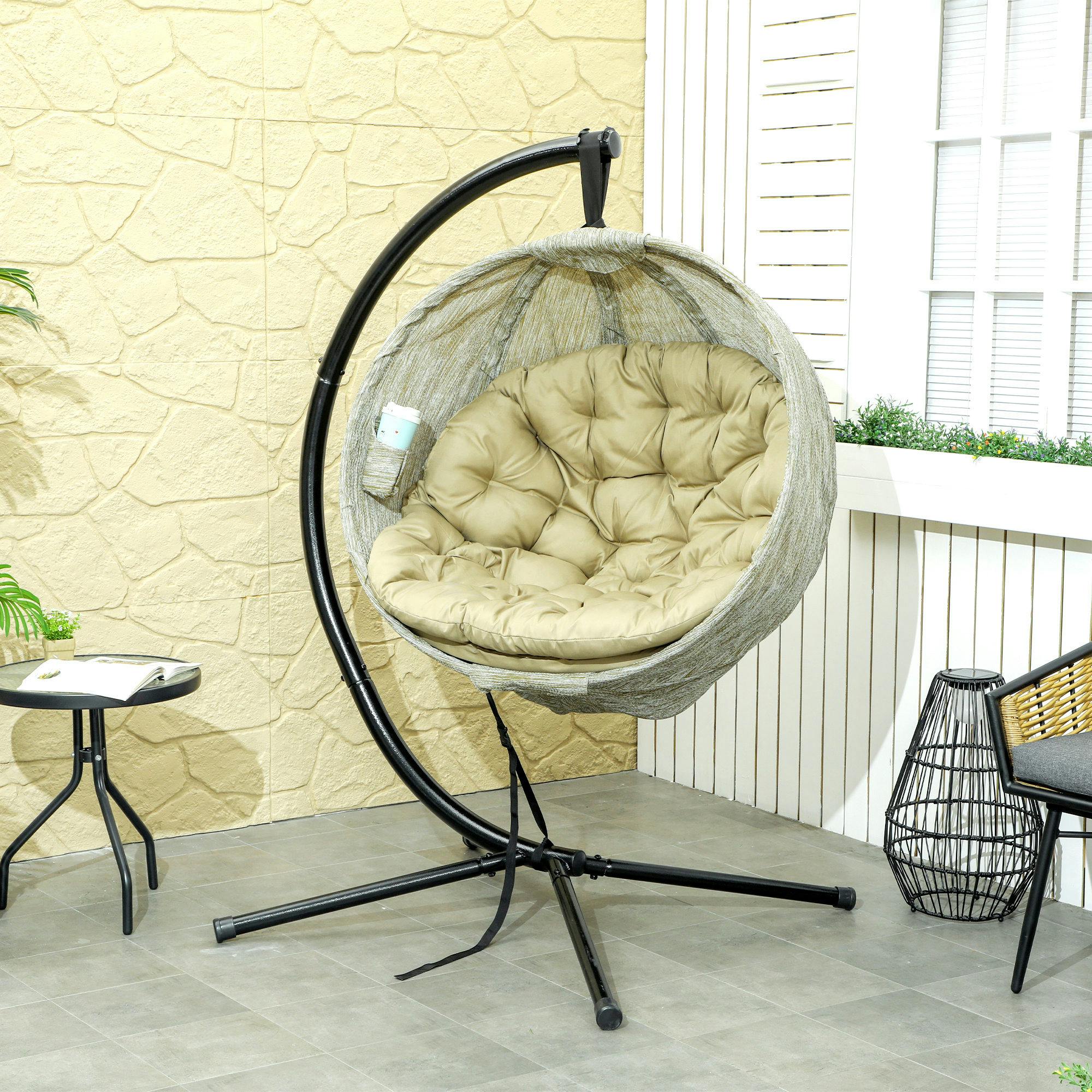 Rackhams Grey Hanging Egg Chair Outdoor Indoor Swing Chair, Folding Basket,