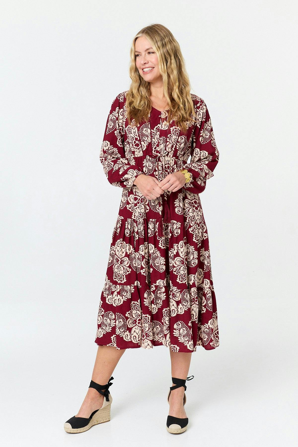 Izabel London Red Floral Long Sleeve Relaxed Midi Dress - 8