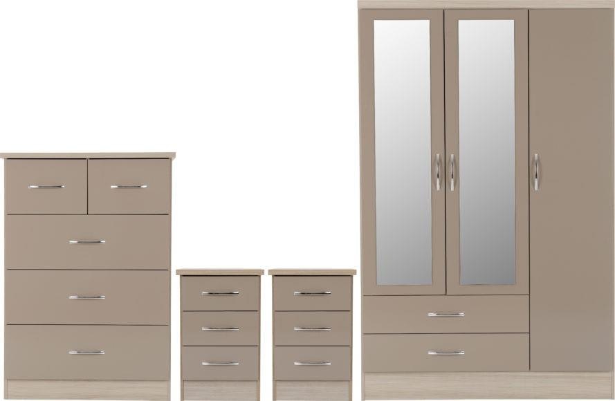 Rackhams Light Nevada 3 Door Wardrobe 4 Piece Bedroom Set - Oyster Gloss And Oak