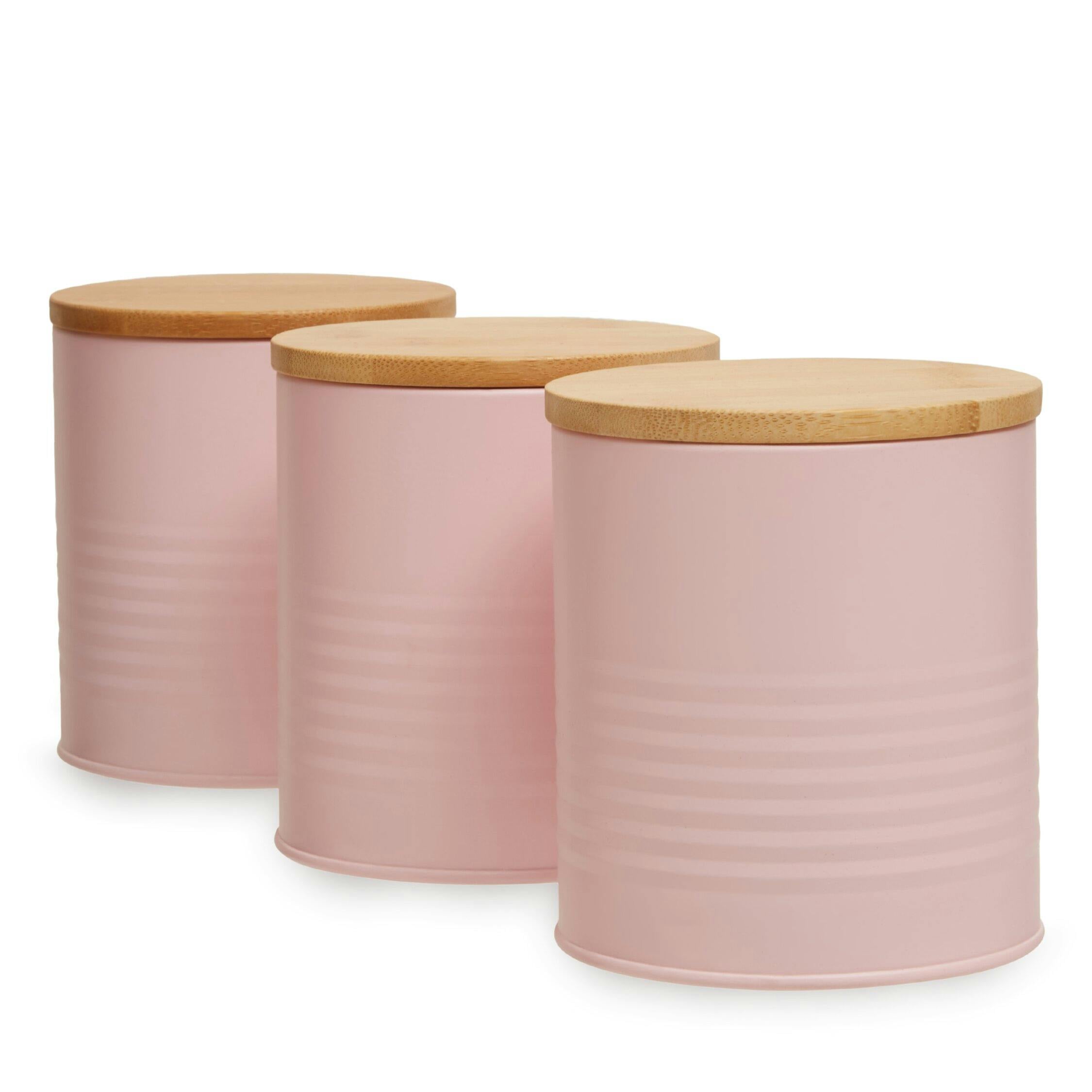 Interiors by PH Set of Three Pink Metal Canisters with Bamboo Lids - Kitchen Storage Solution - Image 3