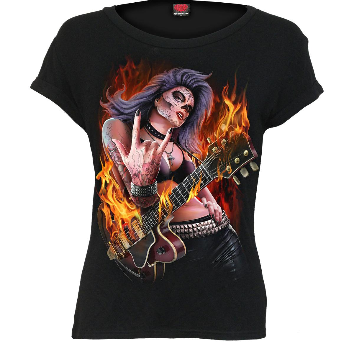 Spiral Direct Black Rocking The Dead - Boatneck Cap Sleeve Top - L - Screen - Screen