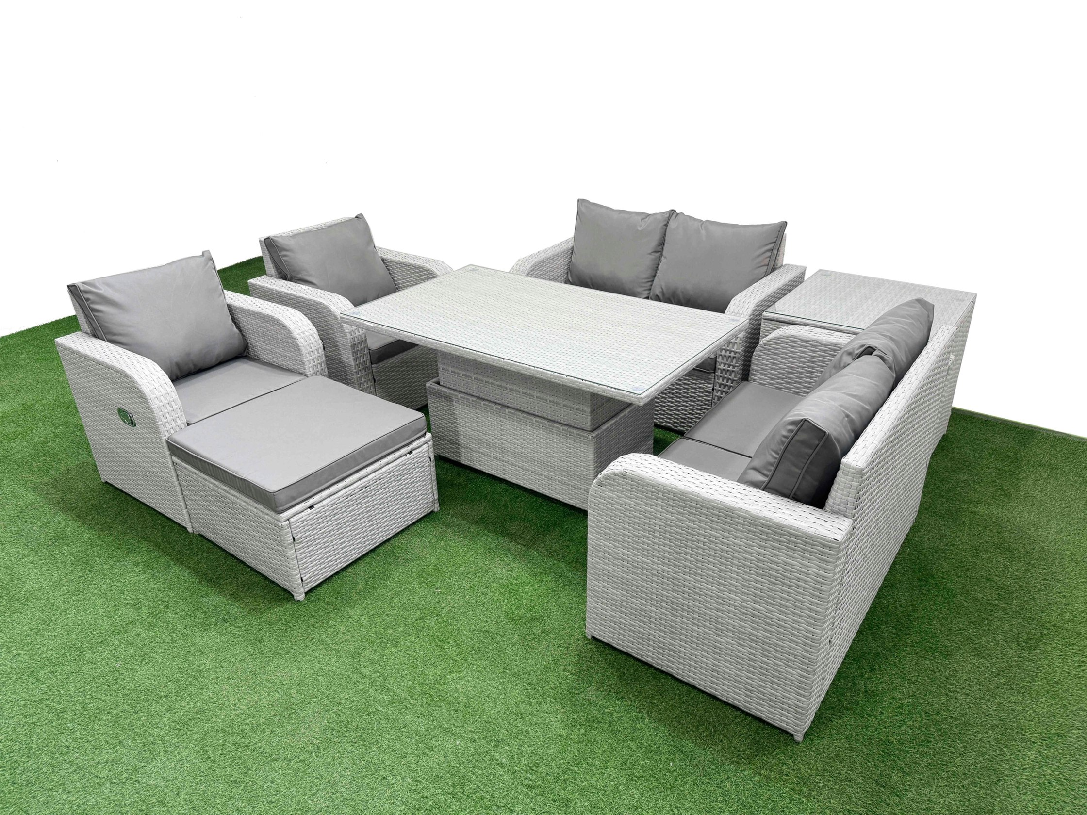 Fimous Light/Grey 7 Seater Rattan Outdoor Reclining Sofa Set - Adjustable Lifting Dining/Coffee Table, Footstool & Side Table