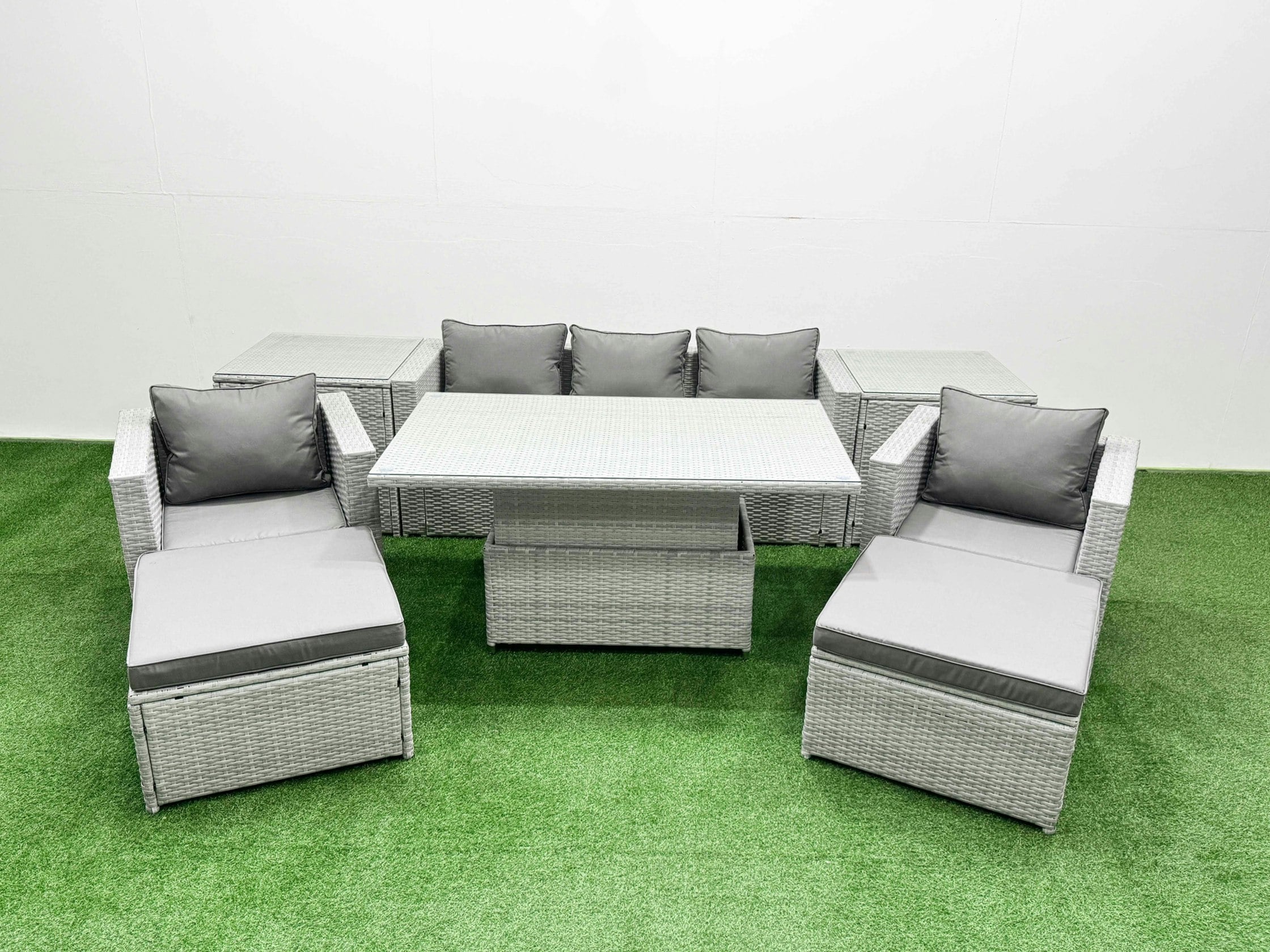 Rackhams Light/Grey 8 Pcs Rising Dining Table Set Rattan Furniture Set With 3 Seater Sofa Chair 2 Big Footstools 2 Side Tables