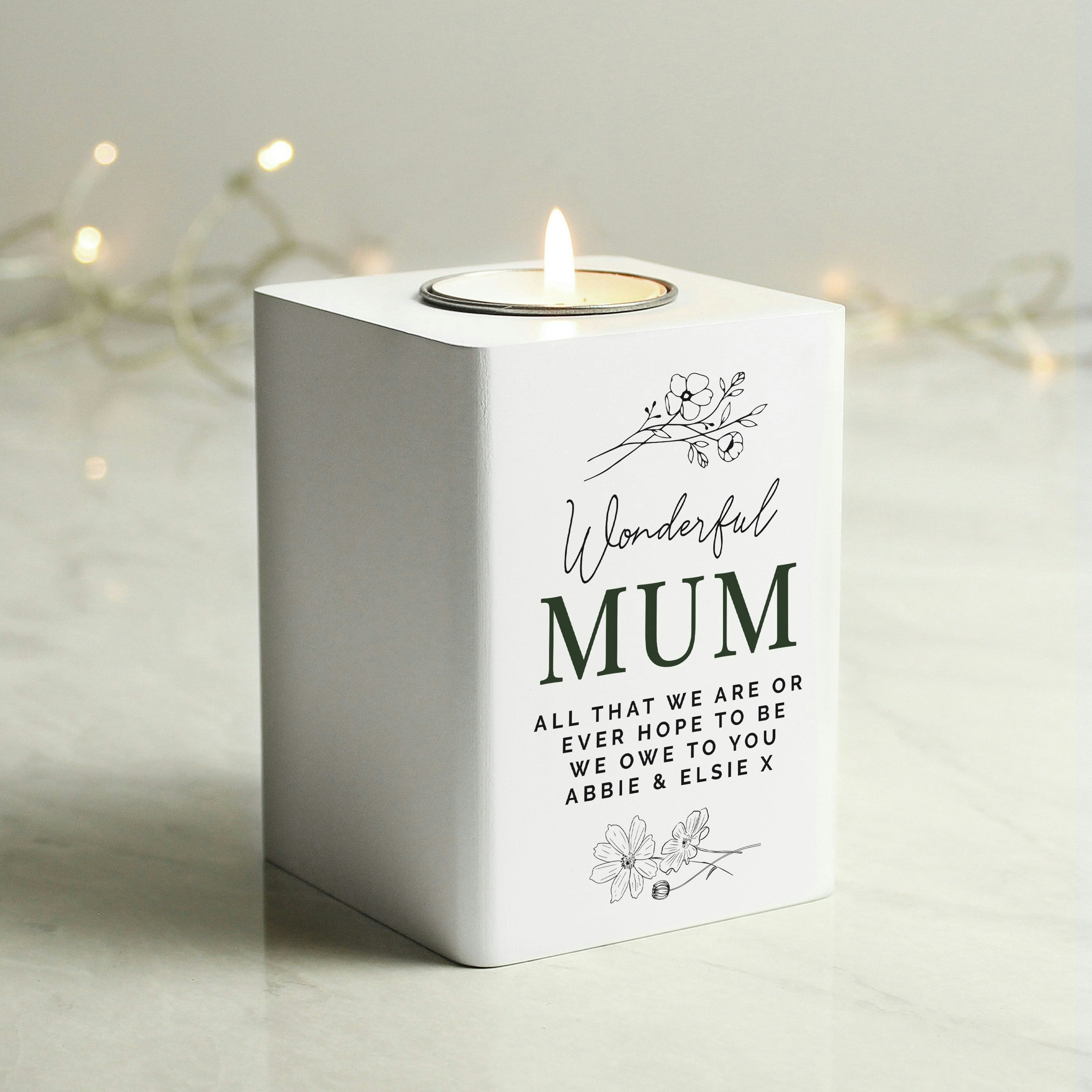 Rackhams White/Light Personalised Floral Wooden Tea Holder