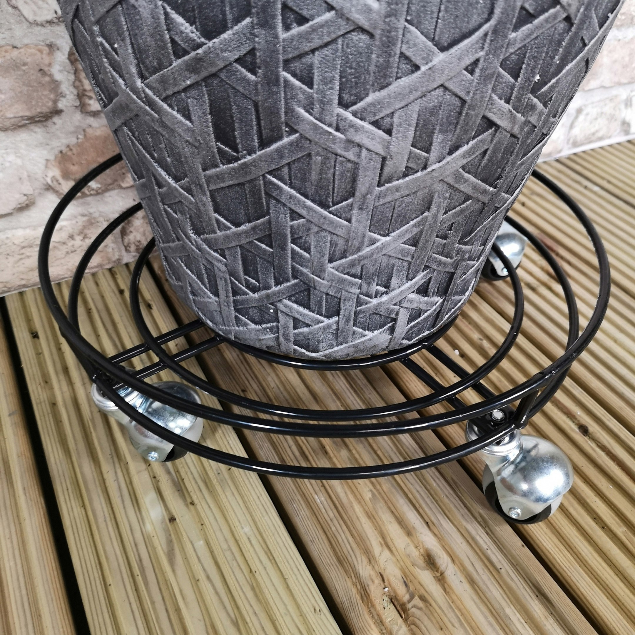 Rackhams Black Handcrafted Heavy Duty Round Metal Garden Patio Plant Flower Pot Stand Caddy Trolley Dolly On Strong Metal Castor Wheels 32Cm - Pots & Planters