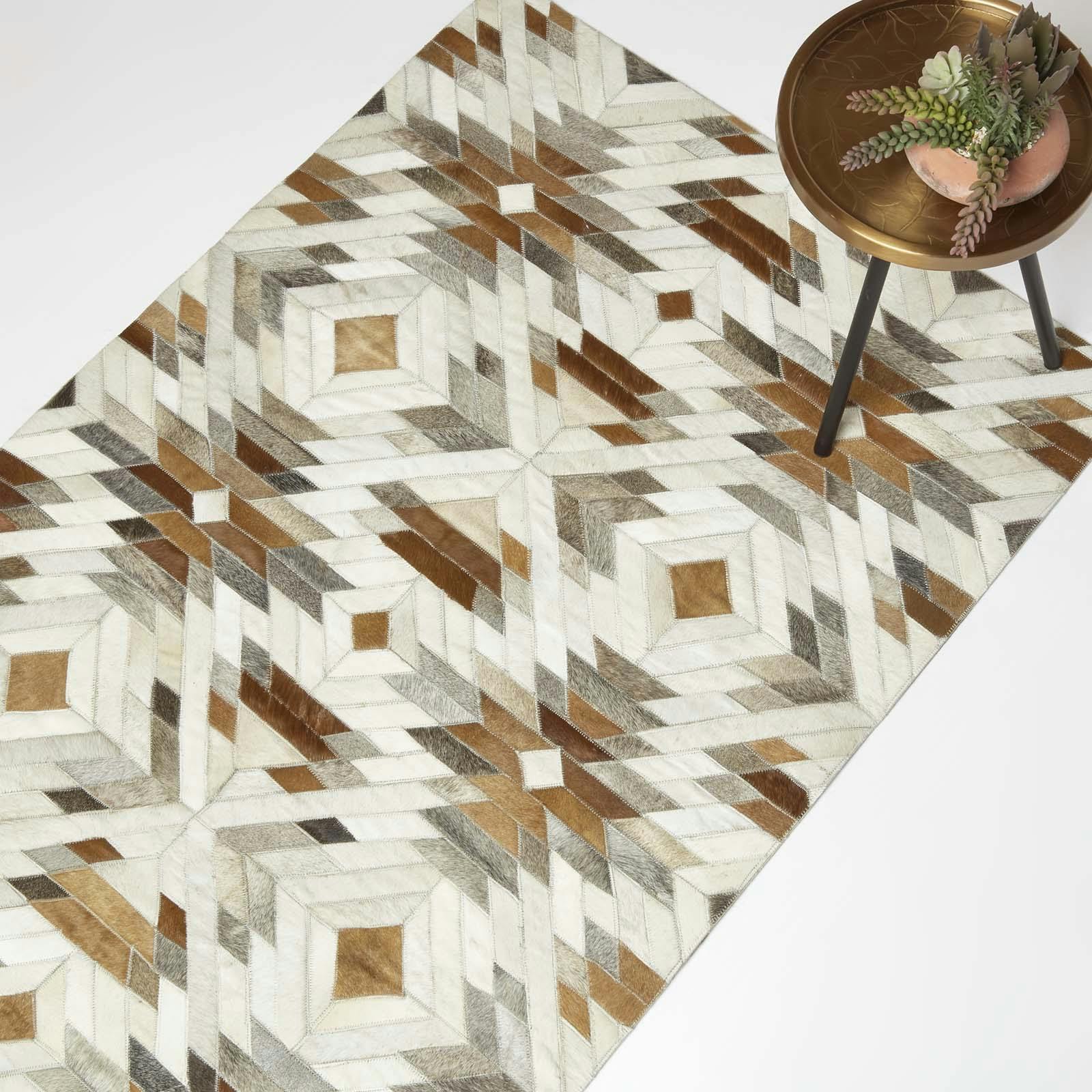 Homescapes Cream/Brown & Geometric Leather Rug, 90 X 150 Cm