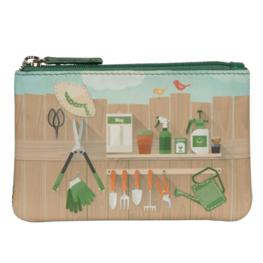 Mala Leather Green Pinky Gardening Coin Purse – Garden Tool Print And Appliqué