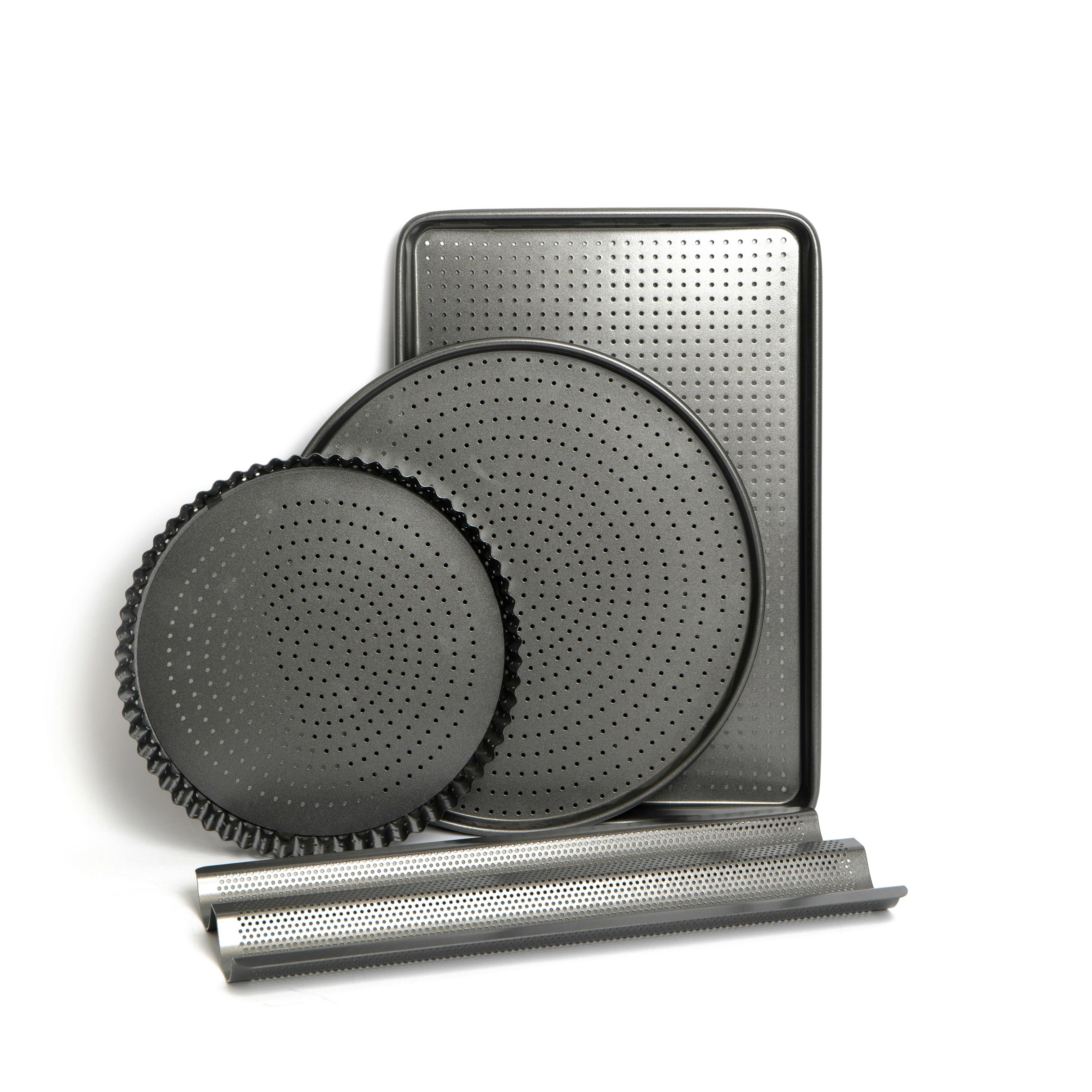 Rackhams Black 4Pc Crusty Bake Non-Stick Bakeware Set With Quiche Tin, Pizza Crisper, Baguette Tray And Baking Tray - Carbon Steel - Bakeware Sets