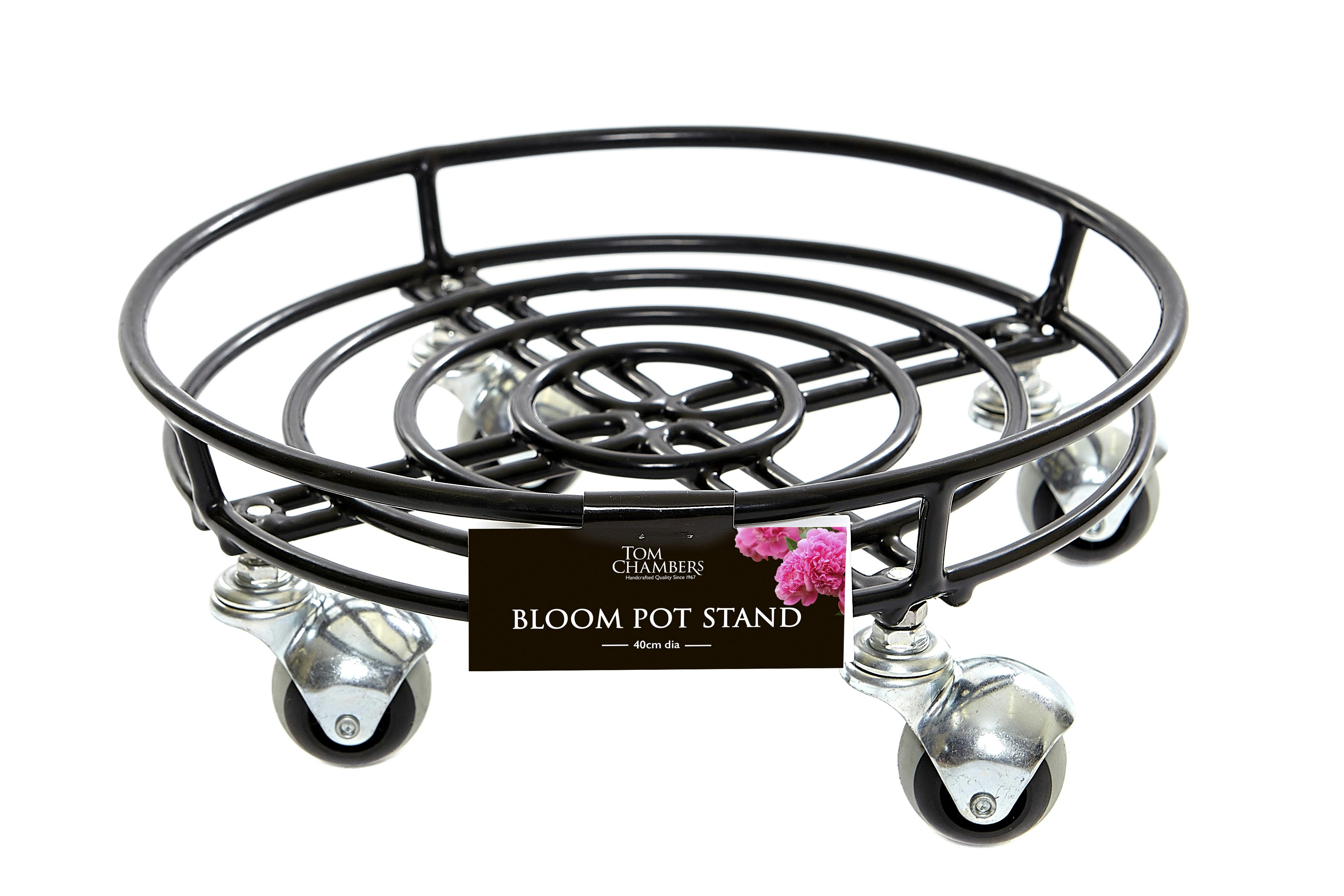 Rackhams Black Pack Of 2 Tom Chambers Handcrafted Heavy Duty Round Metal Plant Flower Pot Stands On Strong Metal Castor Wheels 32Cm