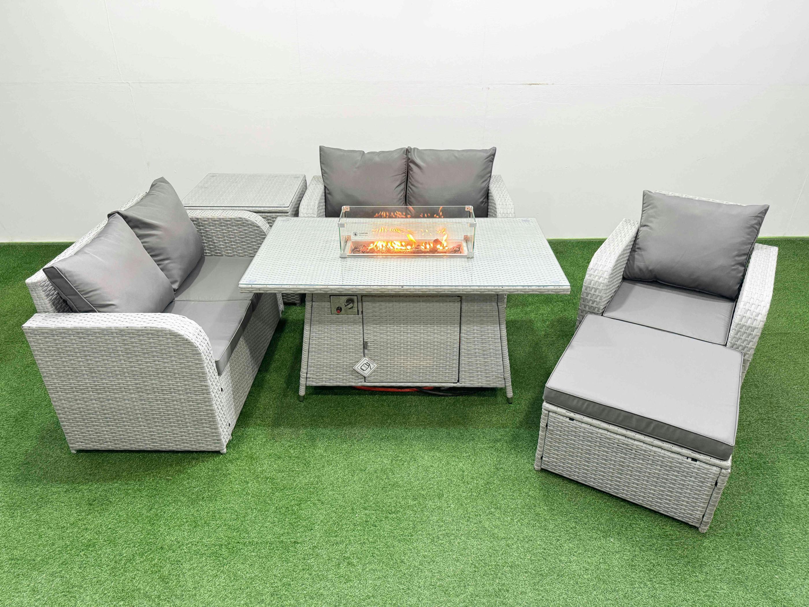 Rackhams Light/Grey High Back Poly Rattan Garden Furniture Set, Reclining Chair, Loveseat, Firepit Table, Indoor Outdoor, Big Stool, Side Table,