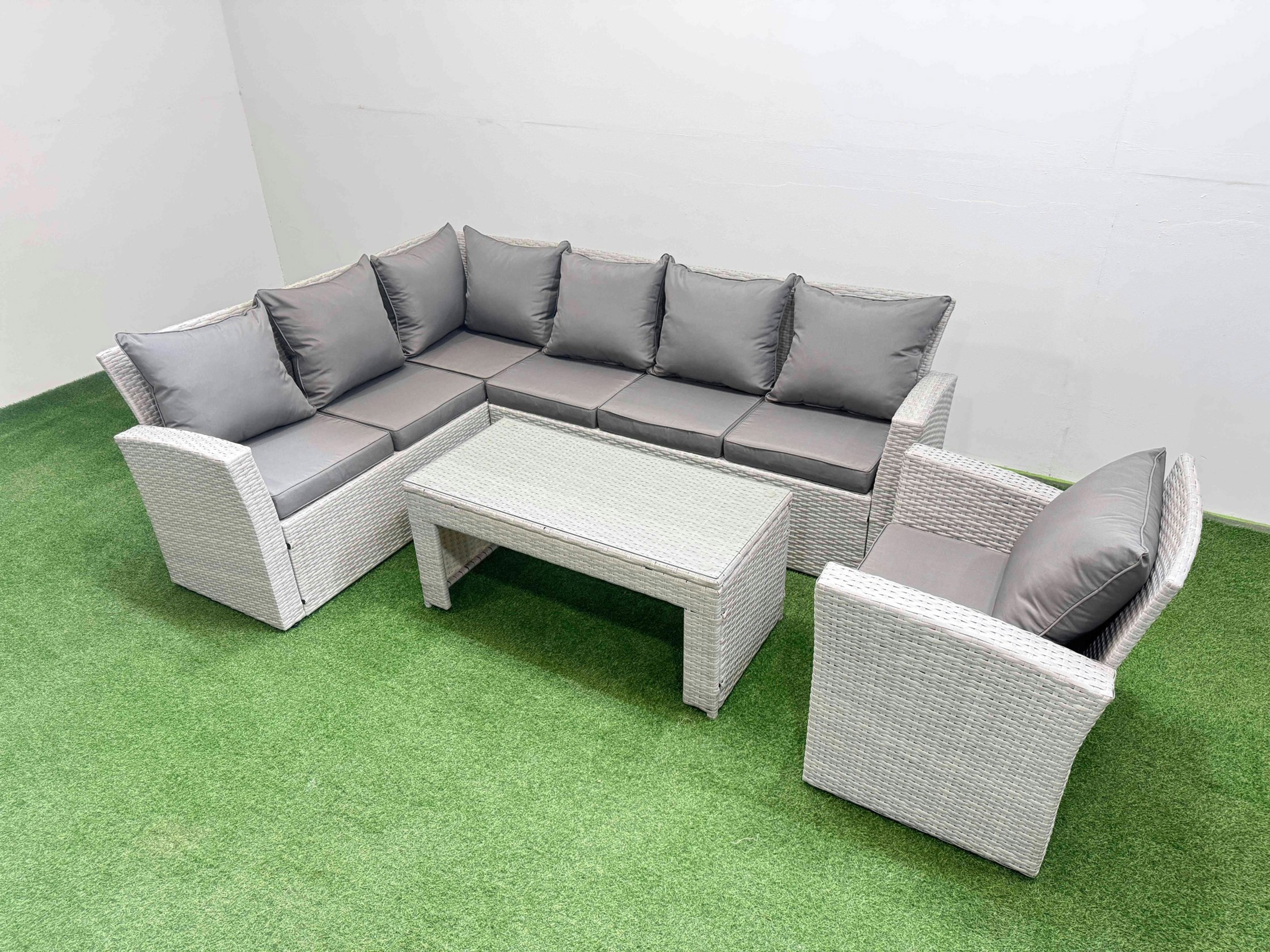 Fimous Light/Grey Rattan Garden Furniture Set Outdoor 7 Seater Corner Sofa Sets With Oblong Coffee Table Chair Mixed