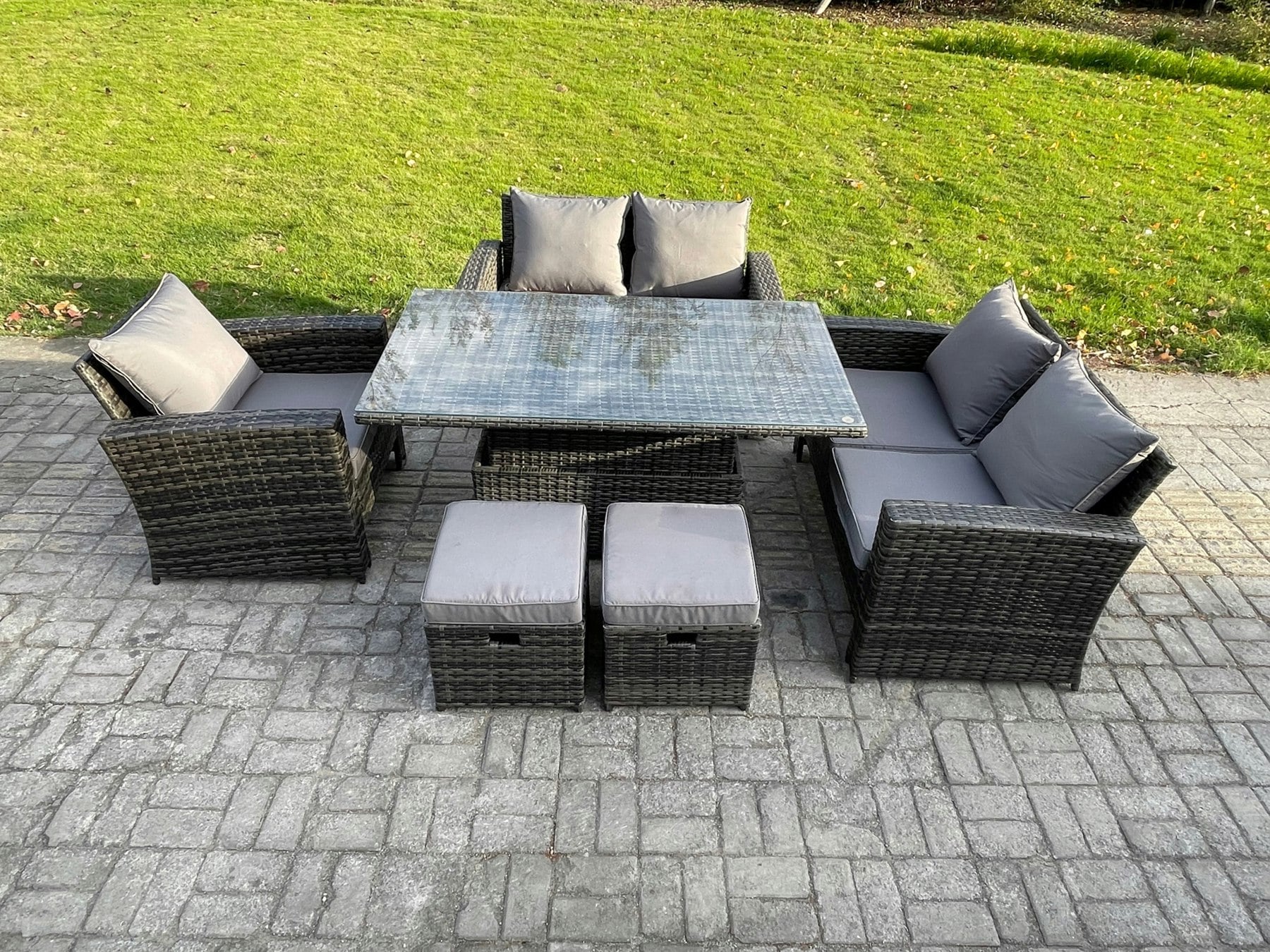 Fimous Dark/Grey 7 Seater Rattan Outdoor Garden Furniture Sofa Set With 2 Small Footstool Mixed