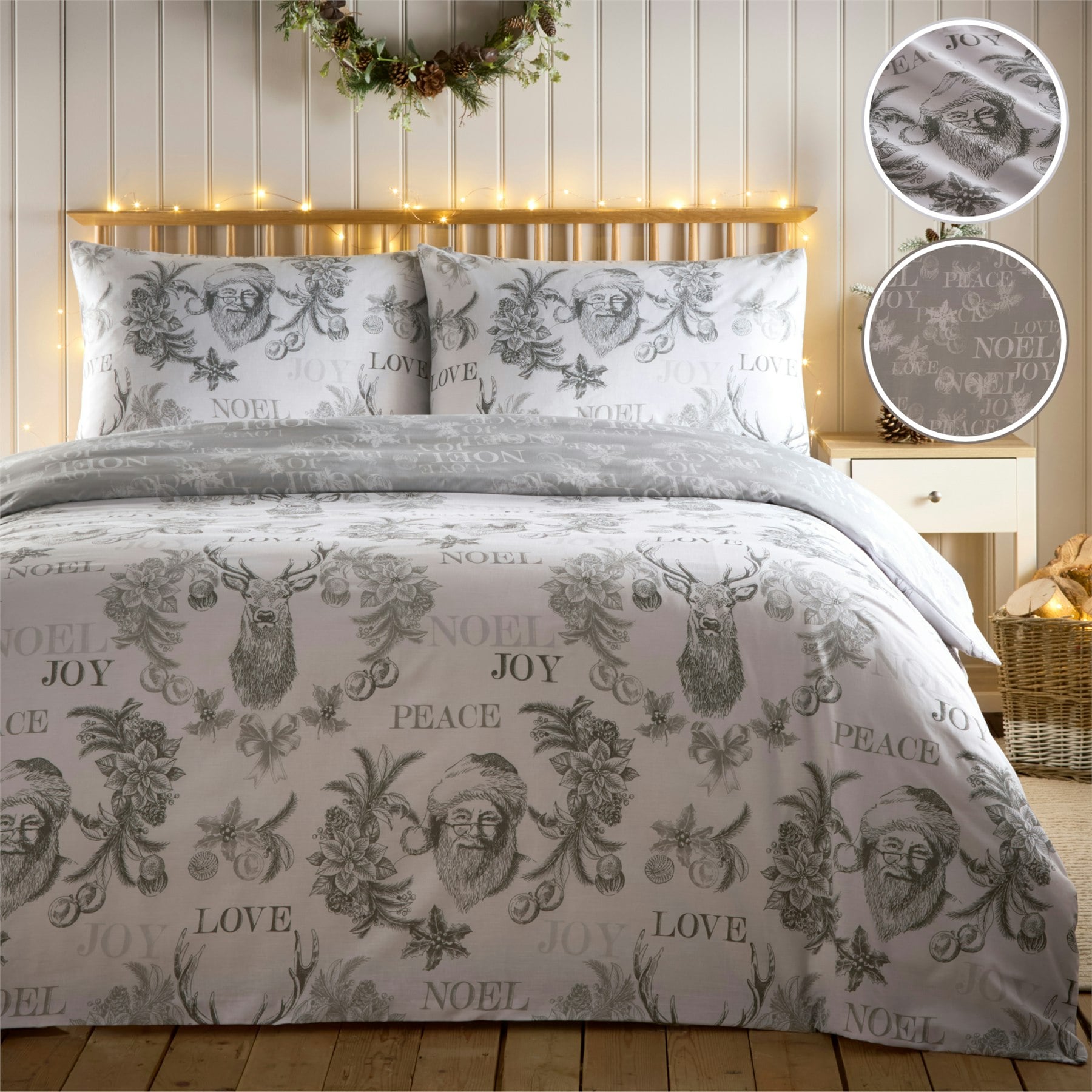 Rackhams Grey Santa Joy Christmas Duvet Cover Set - Double