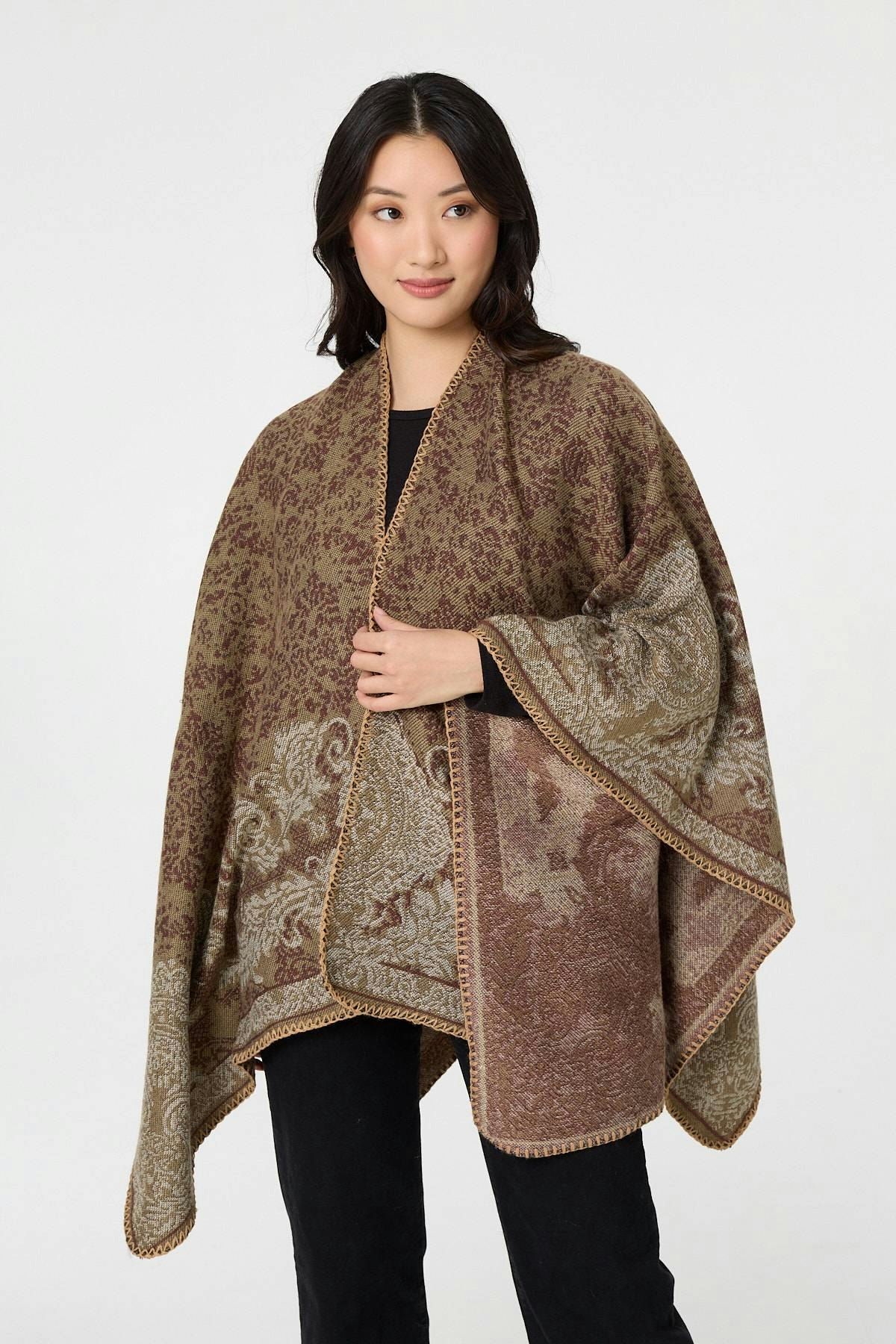 Izabel London Beige Printed Open Front Relaxed Poncho - One