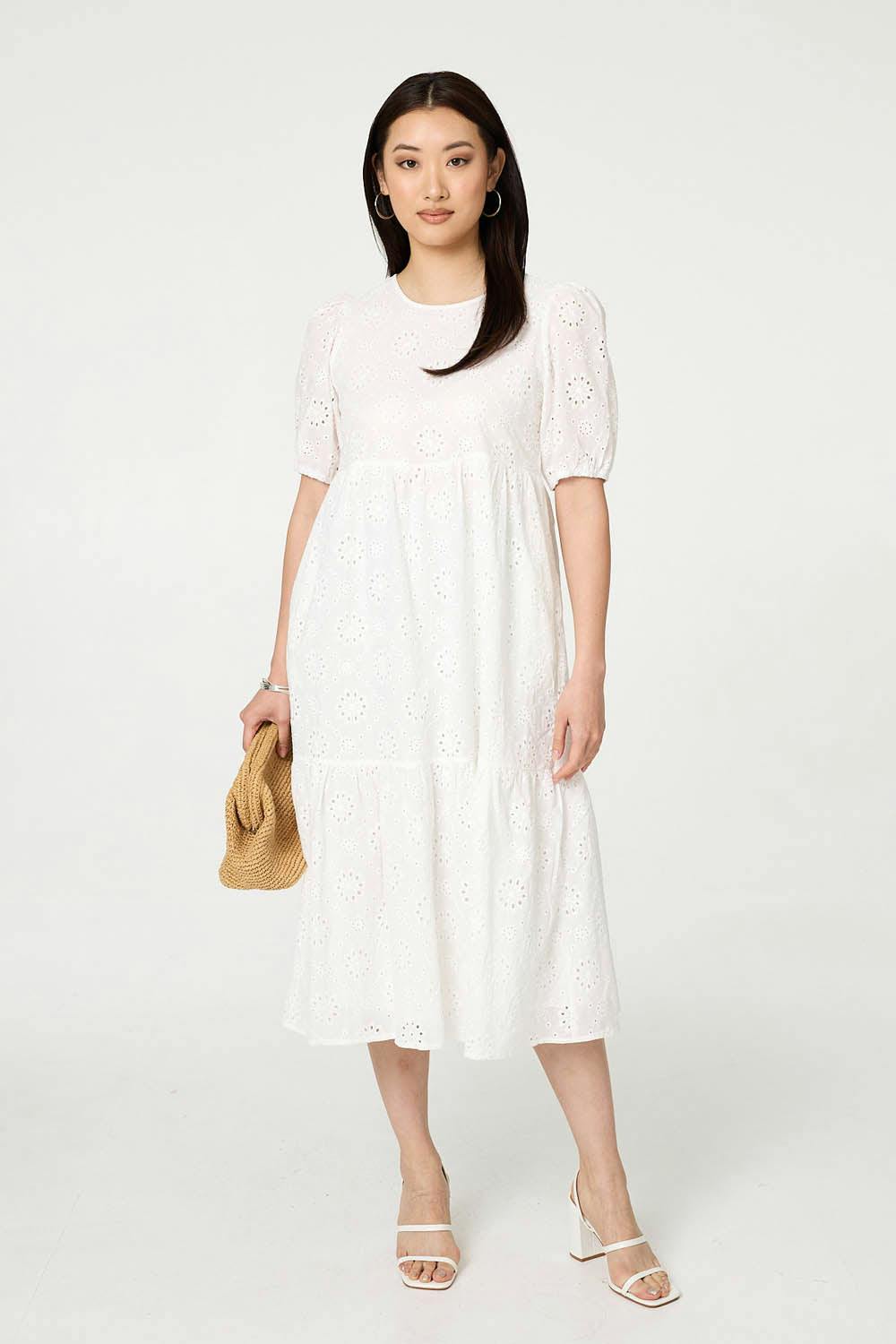Izabel London White Broderie Anglaise Tiered Midi Dress - 16
