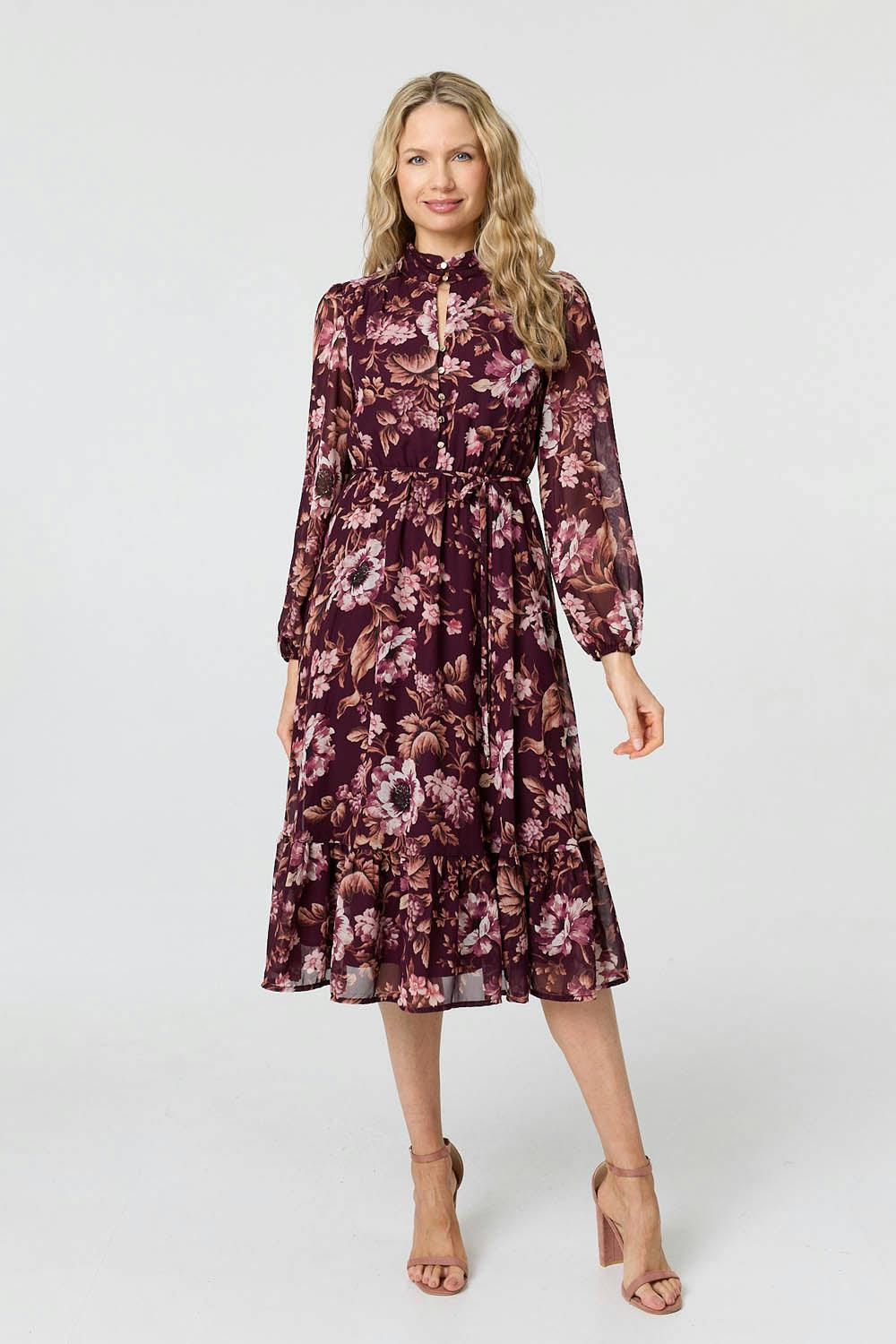 Izabel London Burgundy Floral Semi Sheer Mesh Layer Midi Dress - 8