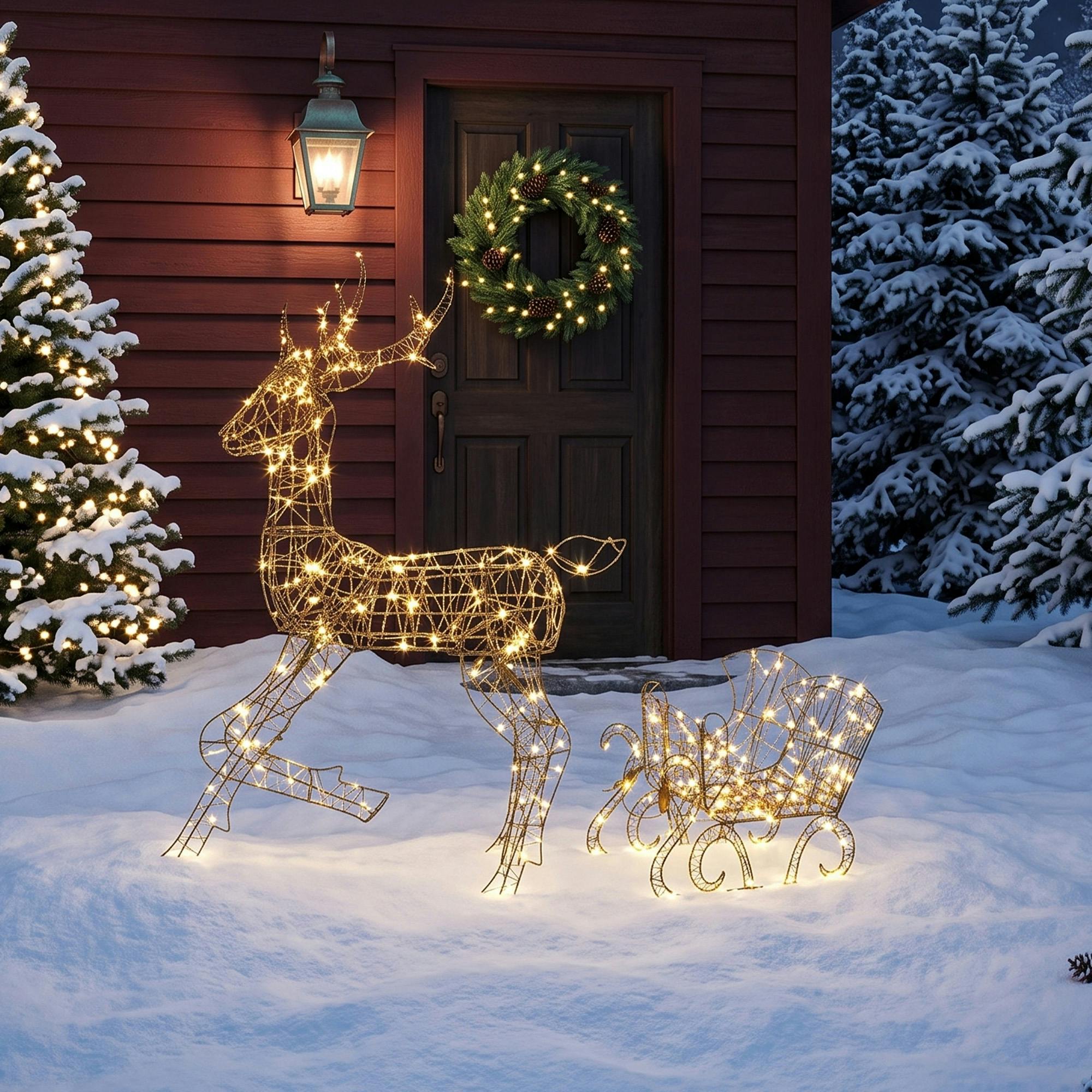 Rackhams White/Brown/Dark Lighted Reindeer And Sleigh Set, Outdoor Christmas Decoration