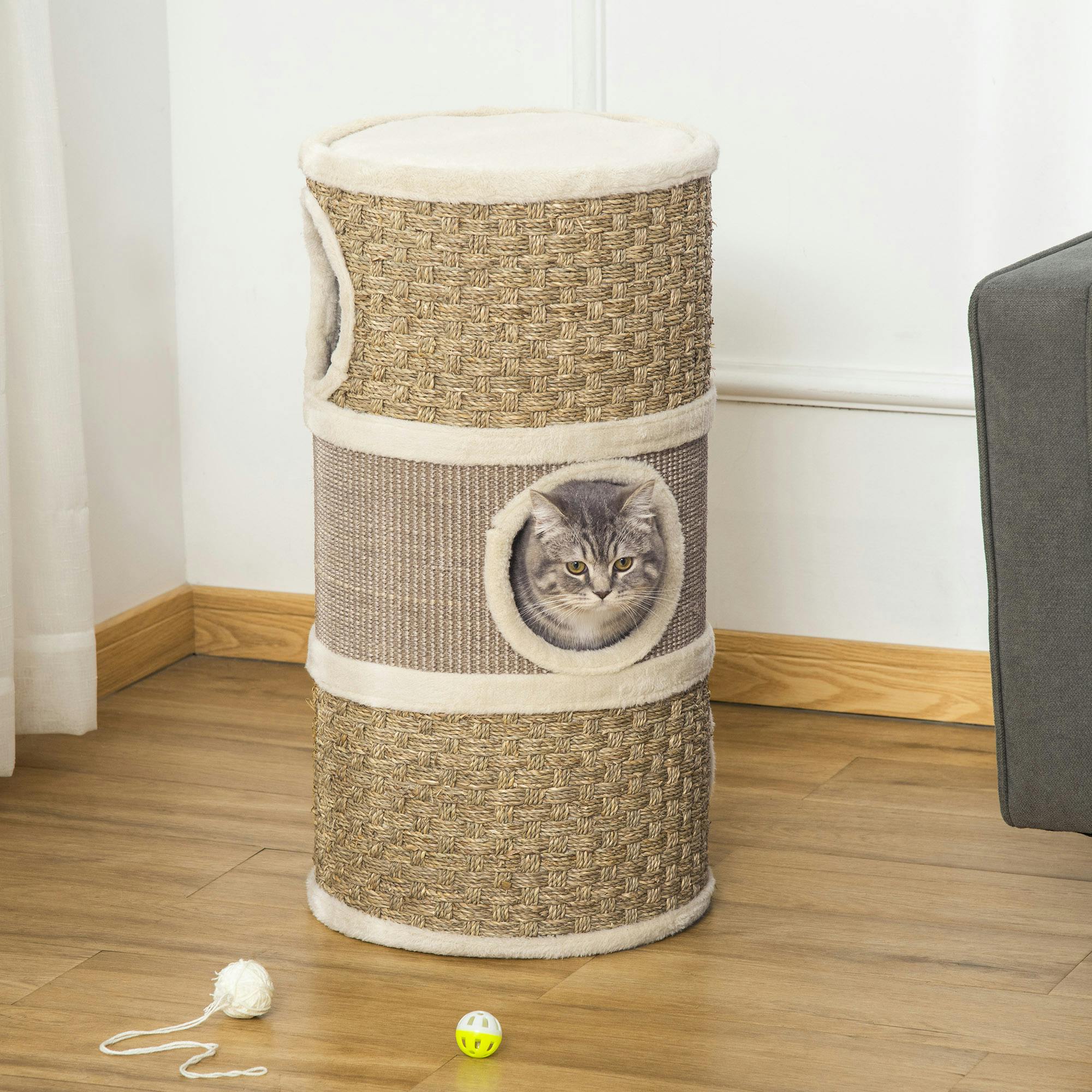 PawHut Cat Scratching Barrel Kitten Tree Tower with Sisal and Seaweed Rope | Pet Furniture, Climbing Frame, Covered with Sisal and Seaweed Rope, Cozy Platform - Image 4